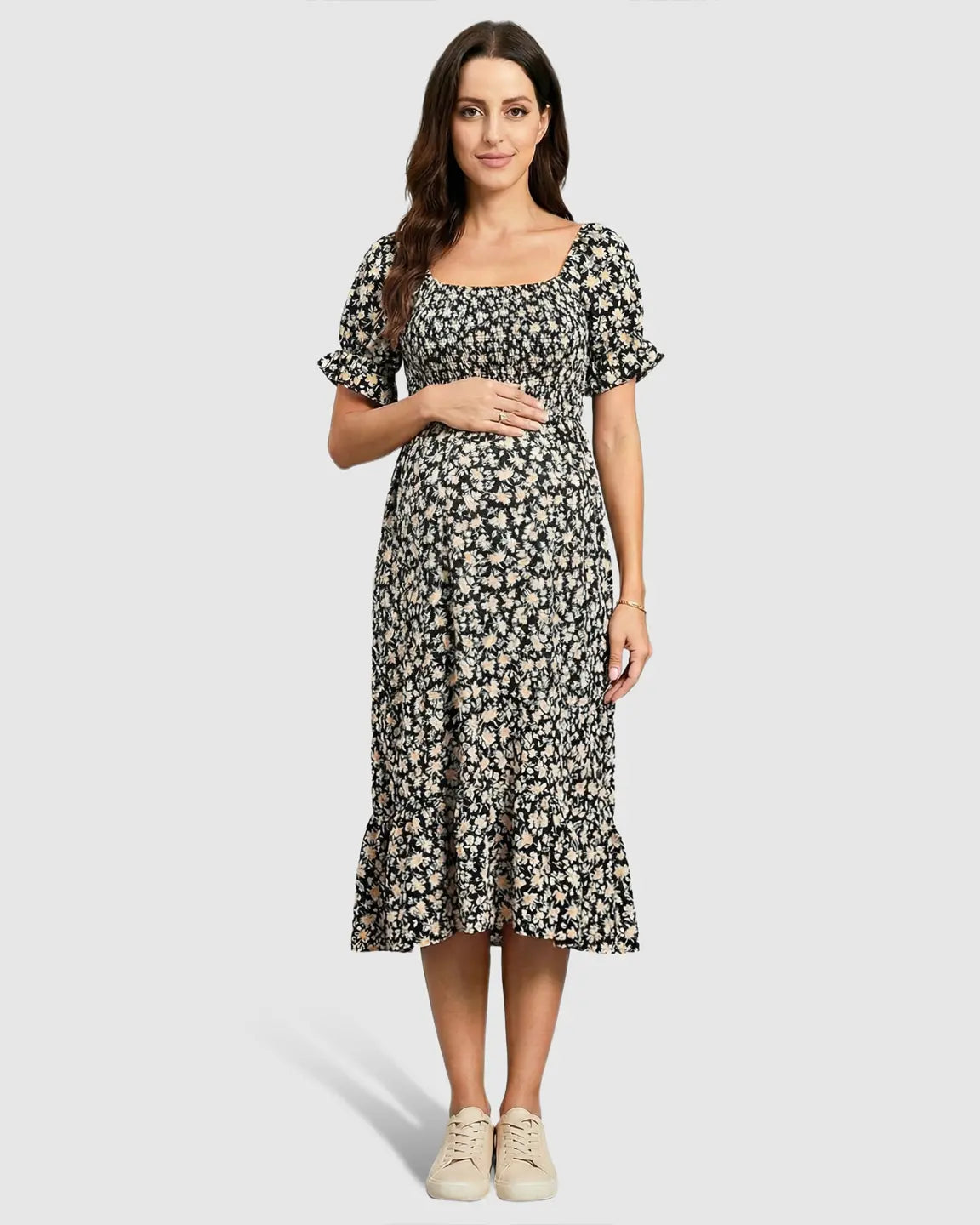Smocked Bodice Boho Casual Maternity Midi Dress