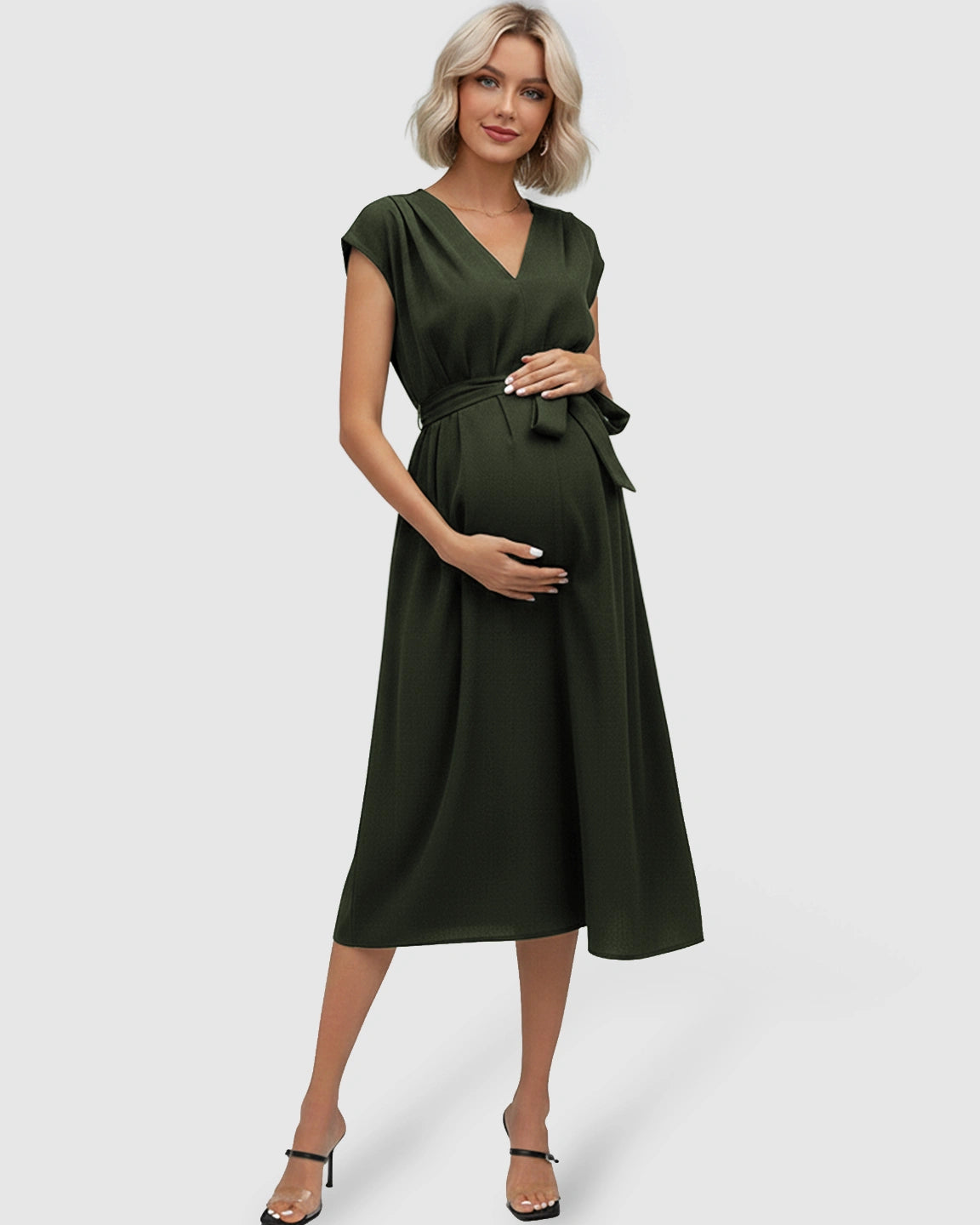 Tie-Waist V-Neck Maternity Midi Dress