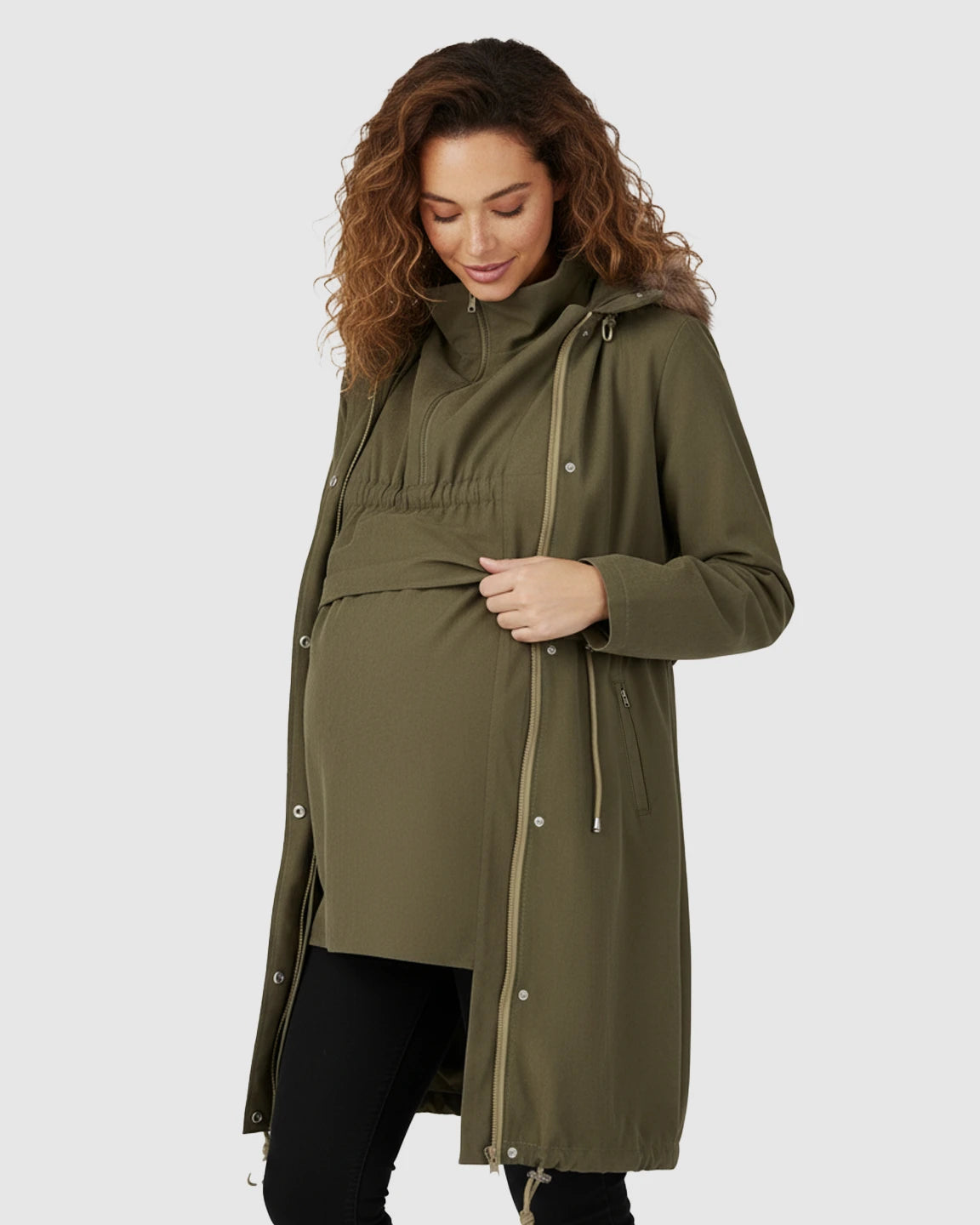 Fur Collar Hooded Long Maternity Jacket
