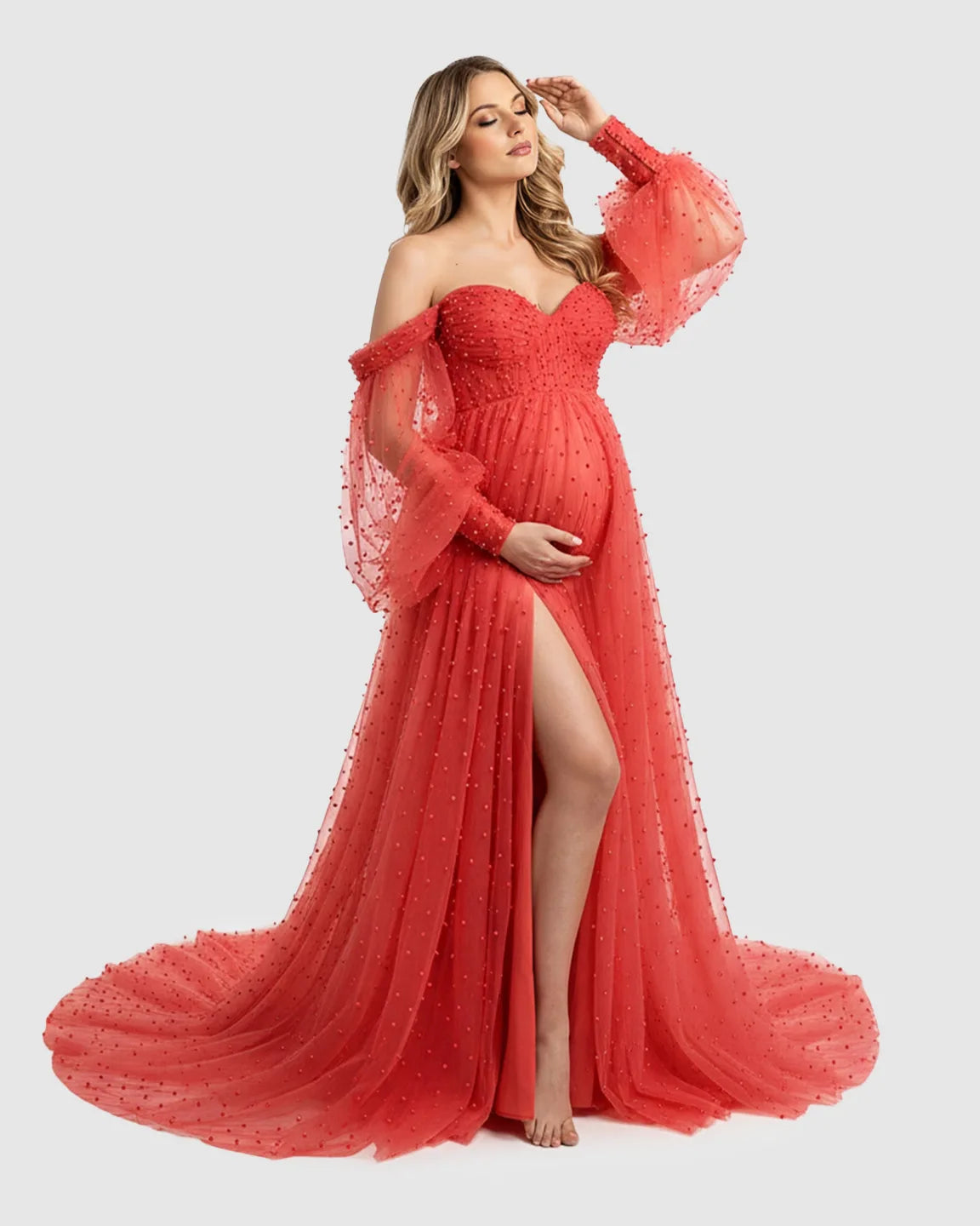 Off-Shoulder Tulle Train Maternity Gown
