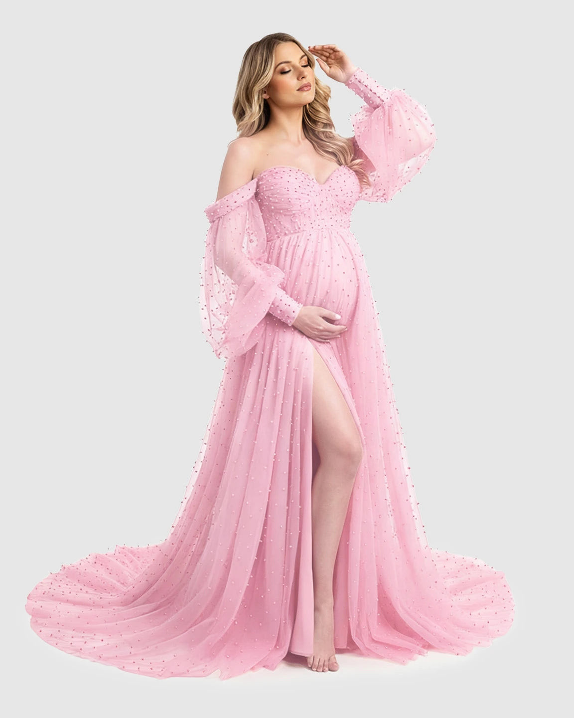 Off-Shoulder Tulle Train Maternity Gown
