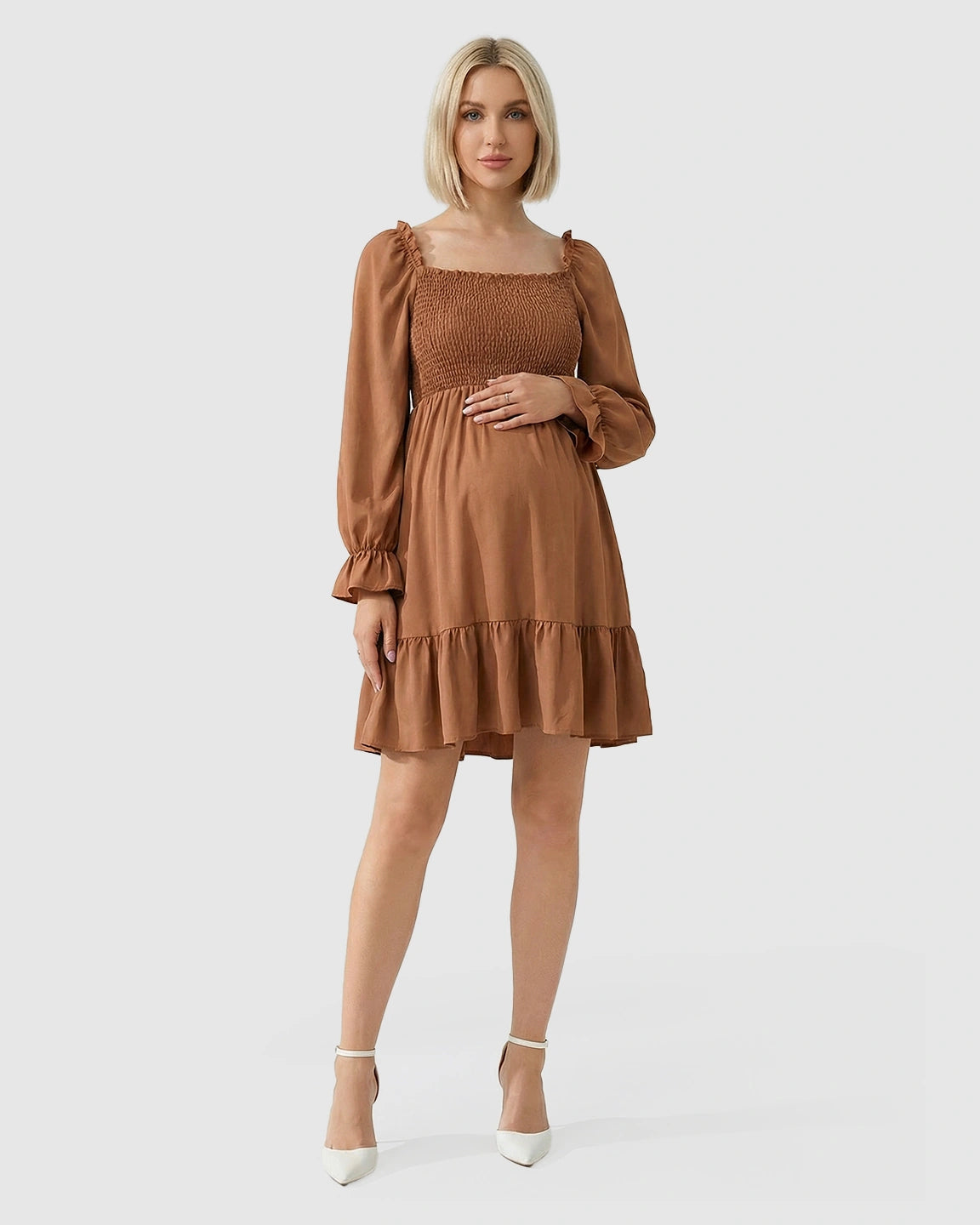Flared Sleeve Smocked Babydoll Maternity Dress