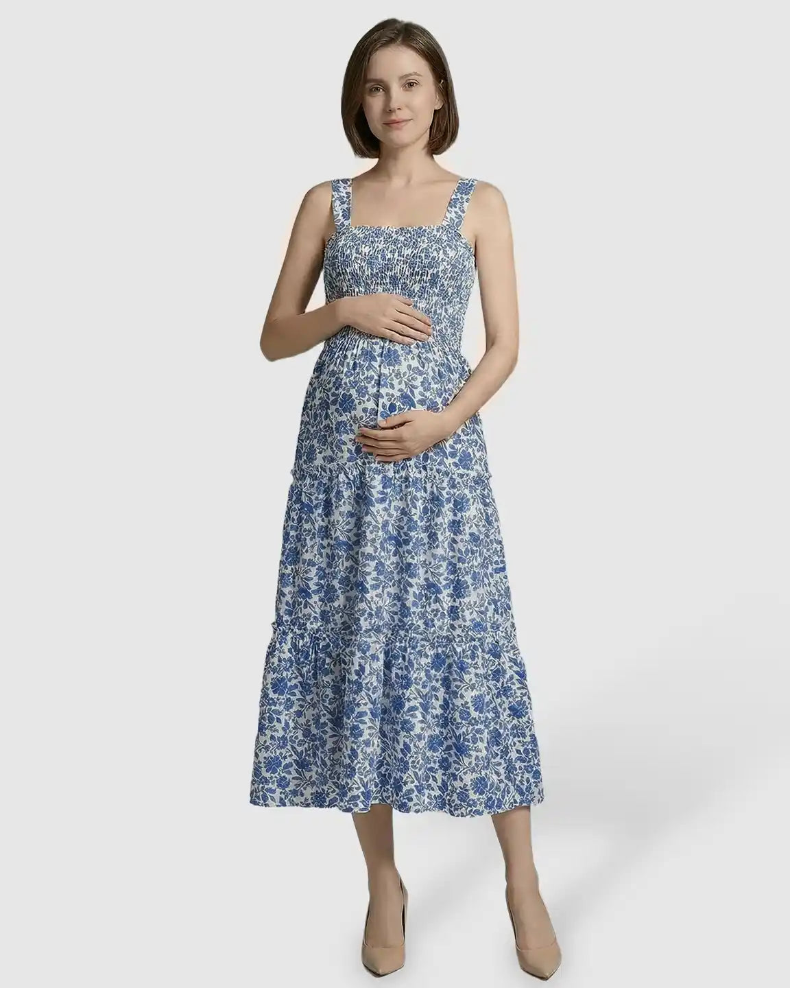 Smocked Floral A-Line Maternity Midi Dress