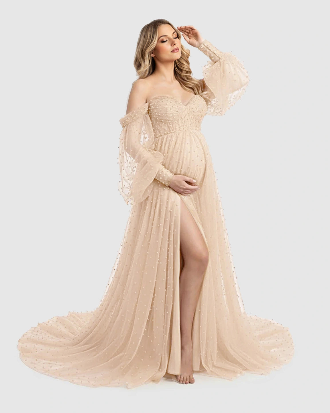 Off-Shoulder Tulle Train Maternity Gown