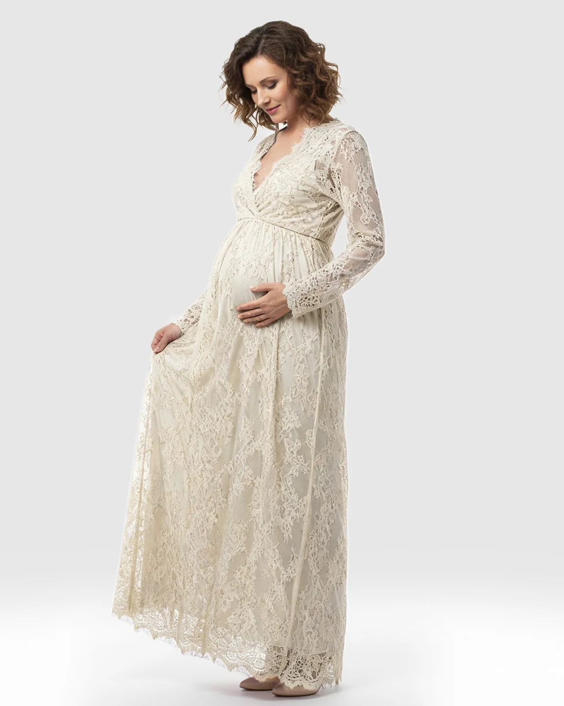 Sheer Floral Lace Empire Waist Maternity Maxi Dress