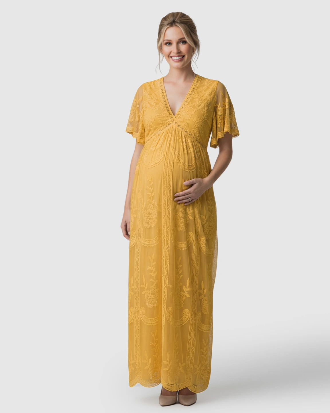 Sheer-Lace Romantic Maternity Maxi Dress