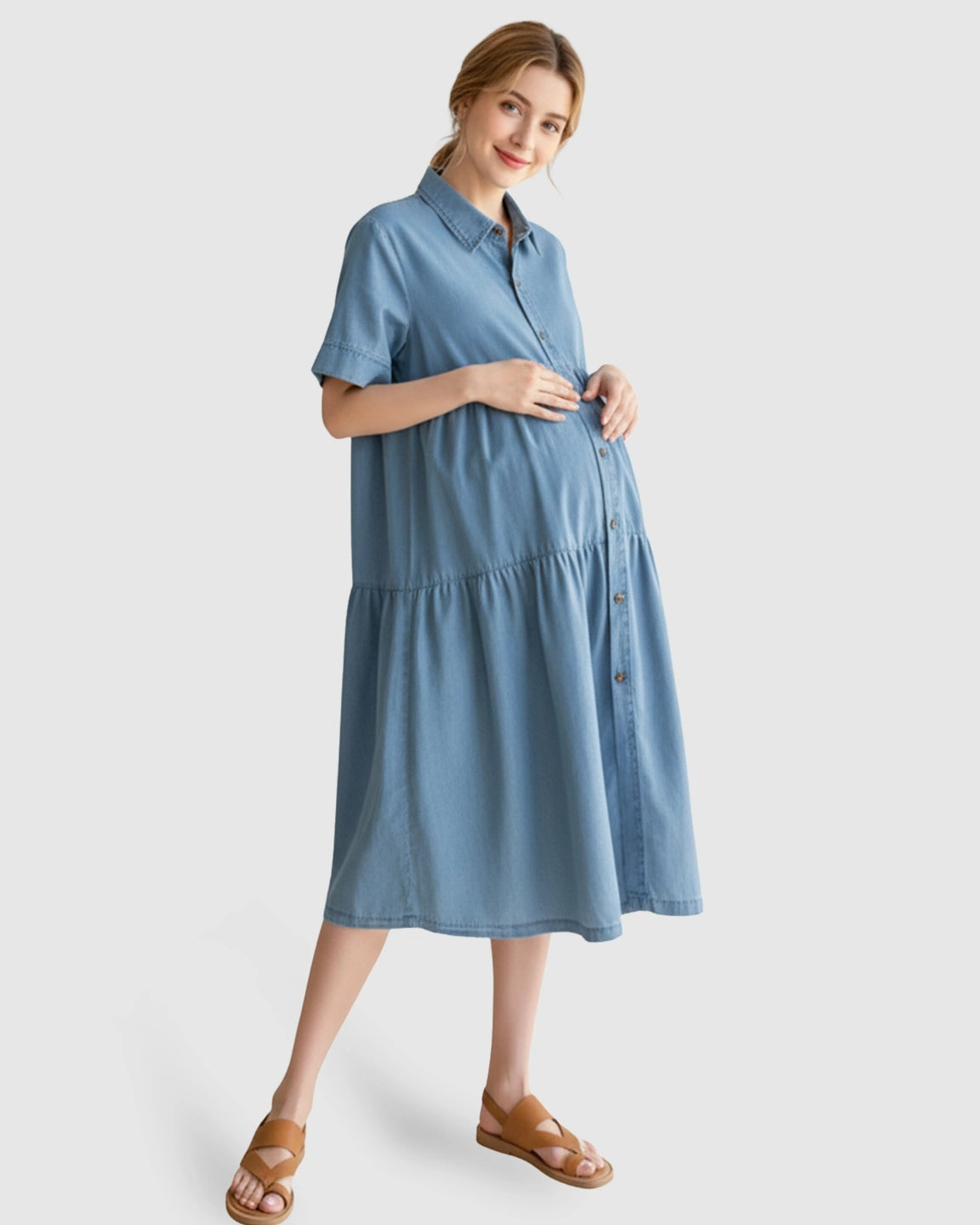 Tiered Denim Casual Maternity Midi Dress