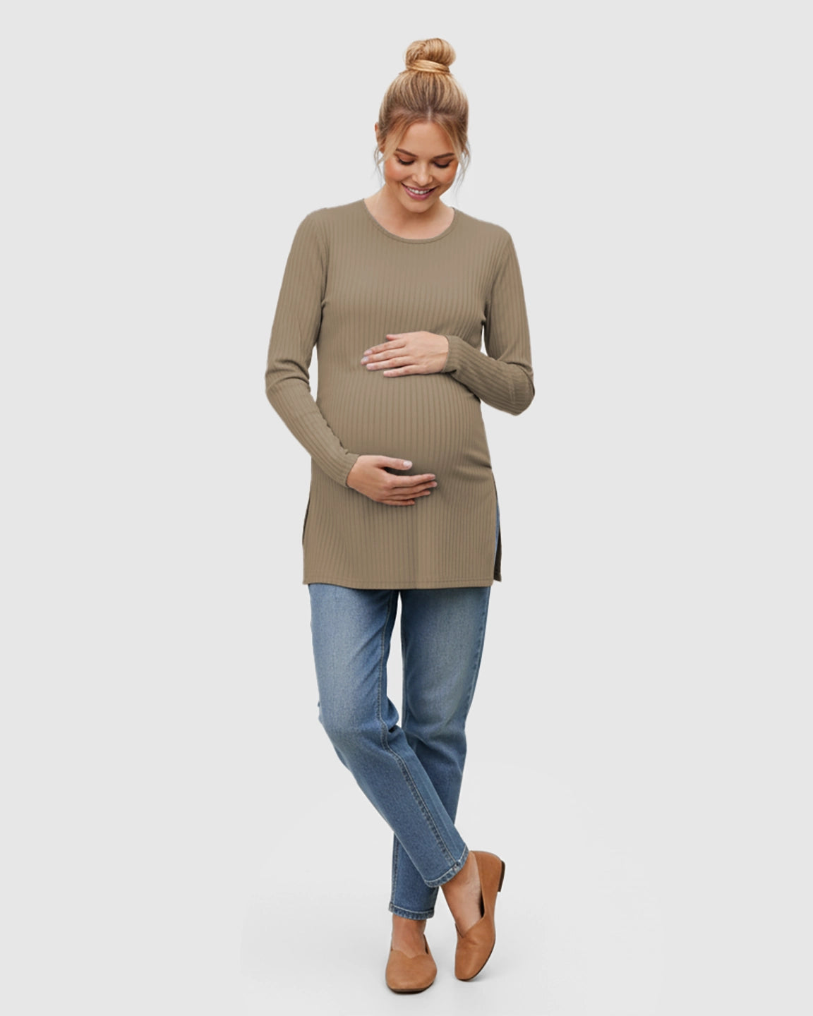Ribbed Knit Long Sleeve Maternity Top with Side Slits