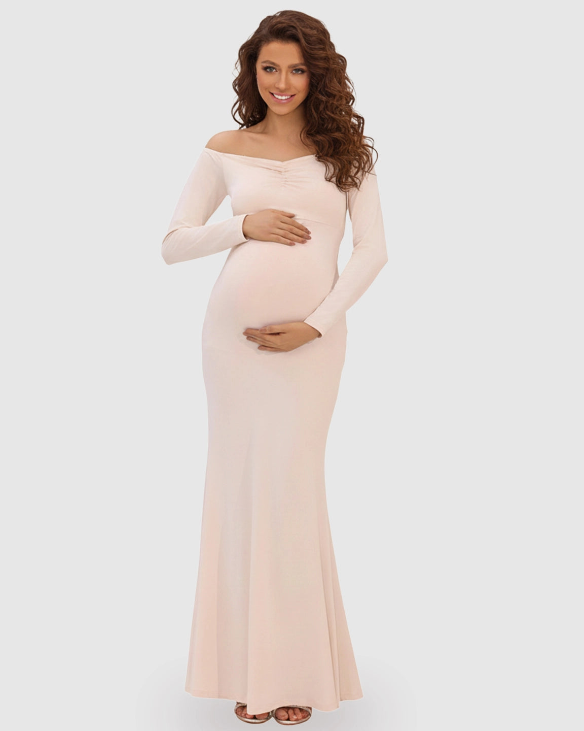 Off-Shoulder Fitted Bodice Maternity Maxi Dress