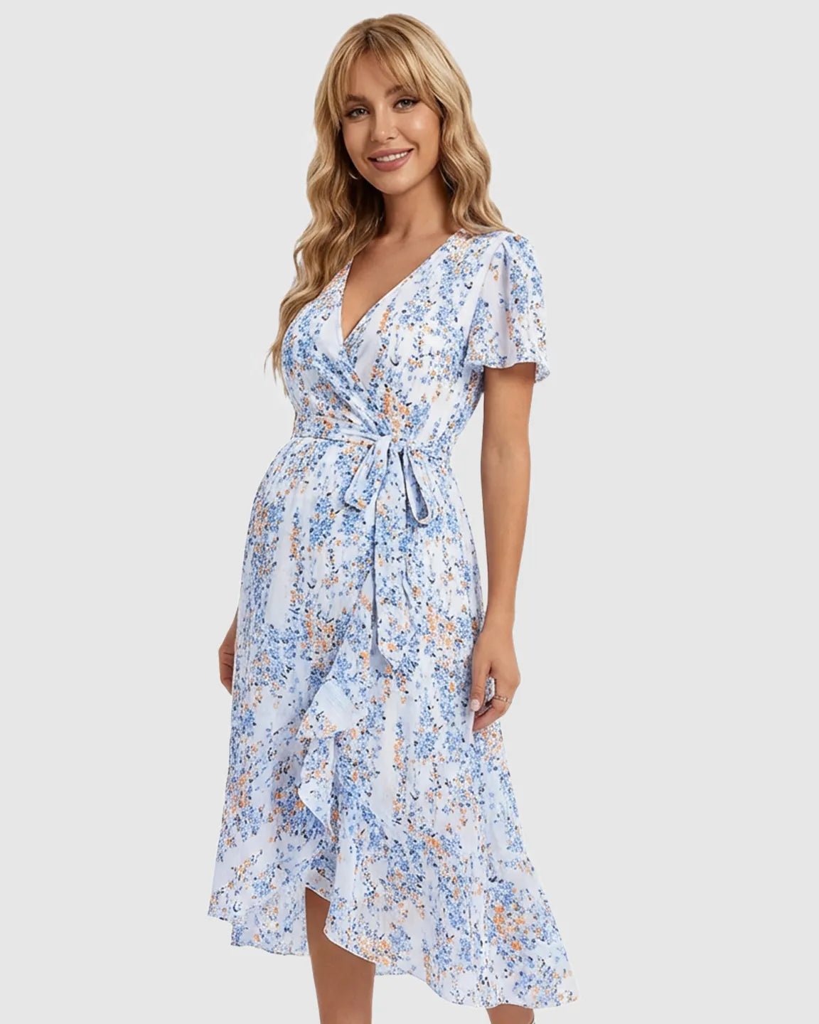 Tie Waist Floral Print Maternity Midi Dress
