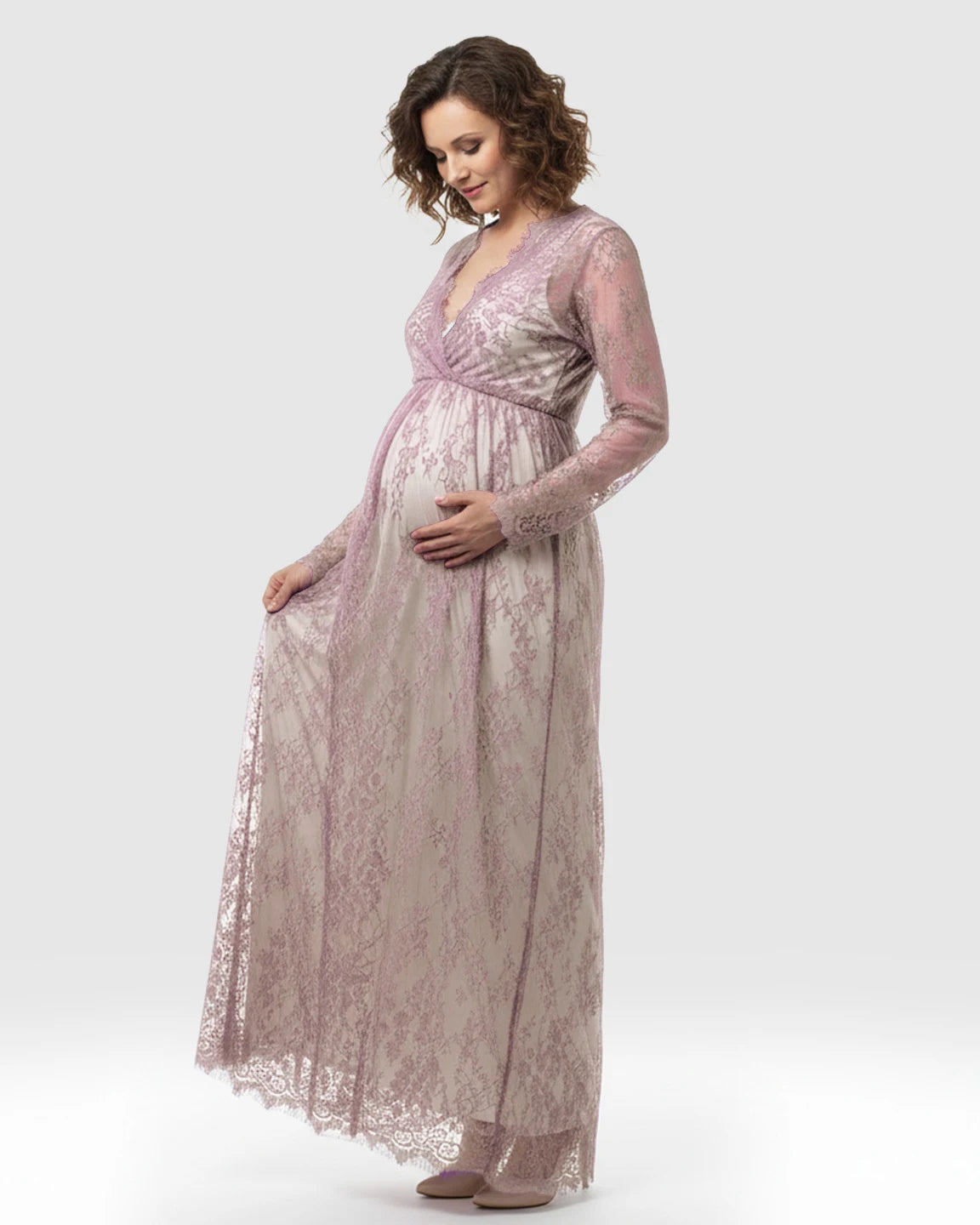 Sheer Floral Lace Empire Waist Maternity Maxi Dress