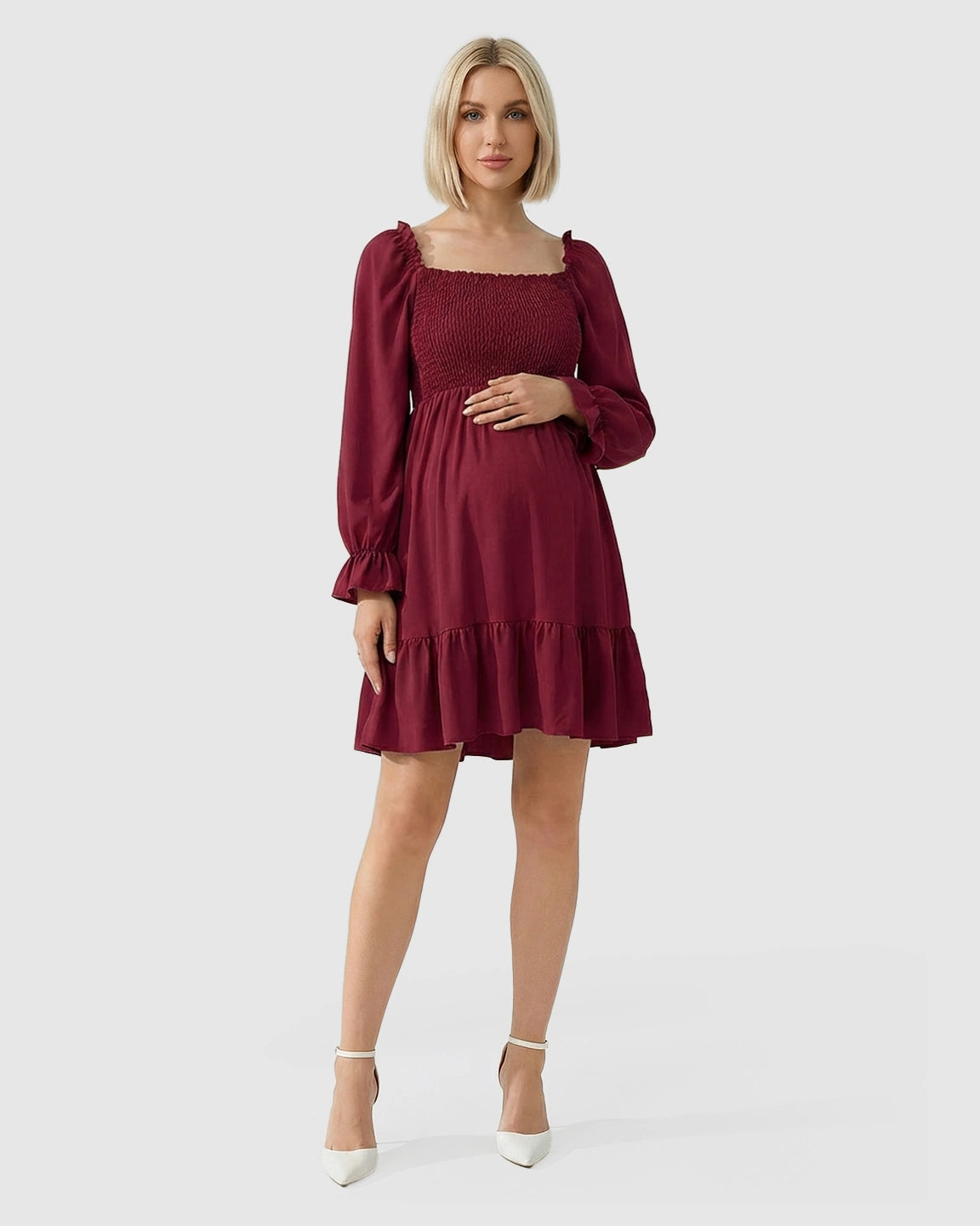 Flared Sleeve Smocked Babydoll Maternity Dress