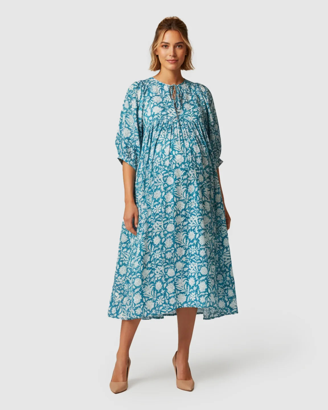 Puff-Sleeve Bohemian Maternity Midi Dress