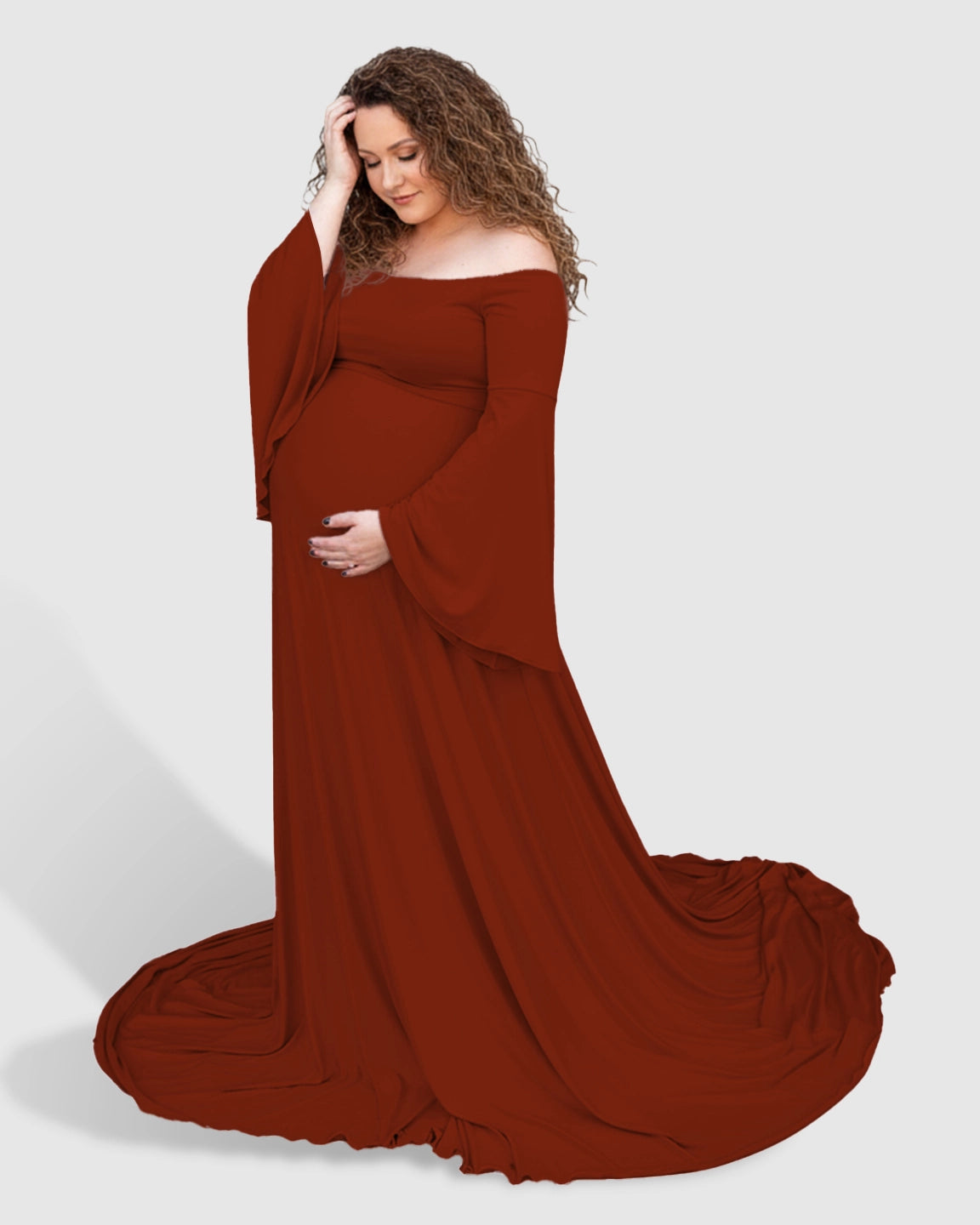 Off-Shoulder Bell Sleeve Boho Maternity Photoshoot Maxi Dress