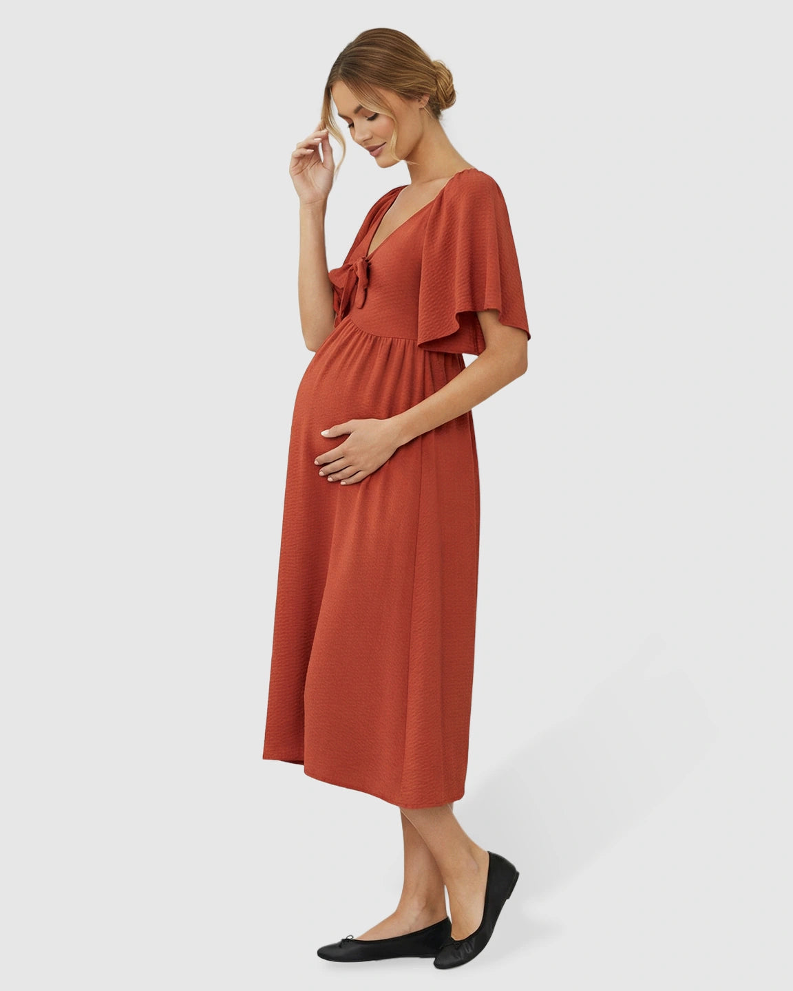 Tie-Knot Front Swing Silhouette Maternity Midi Dress