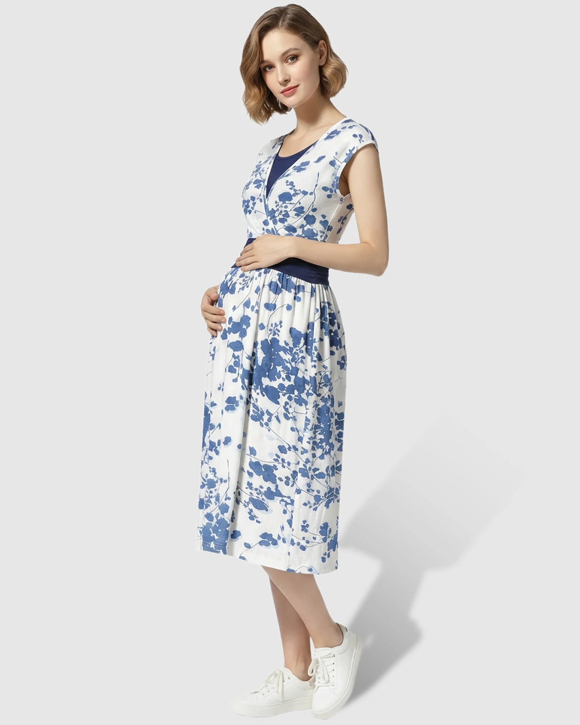 Crossover V-Neck Floral A-Line Maternity Midi Dress