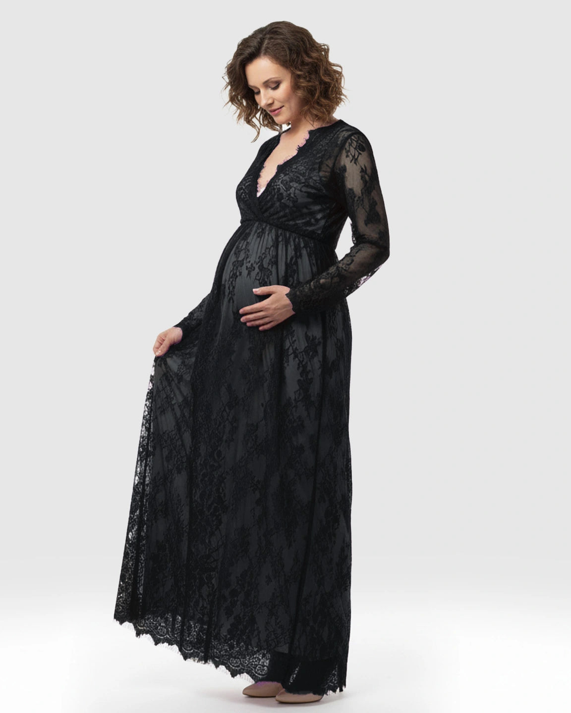 Sheer Floral Lace Empire Waist Maternity Maxi Dress