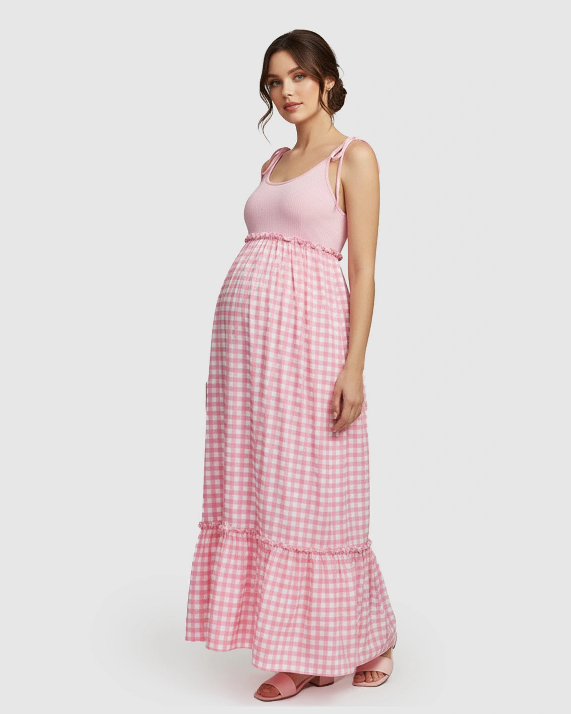 Spaghetti Strap Plaid Patchwork Maternity Maxi Dress
