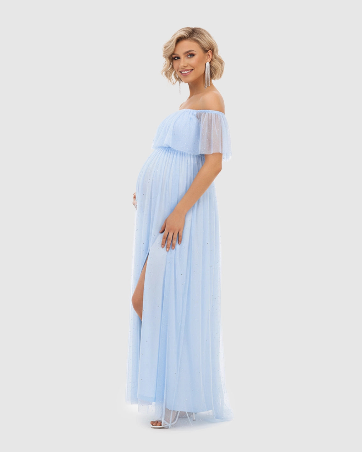 Off-Shoulder Mesh Empire Waist Maternity Maxi Dress
