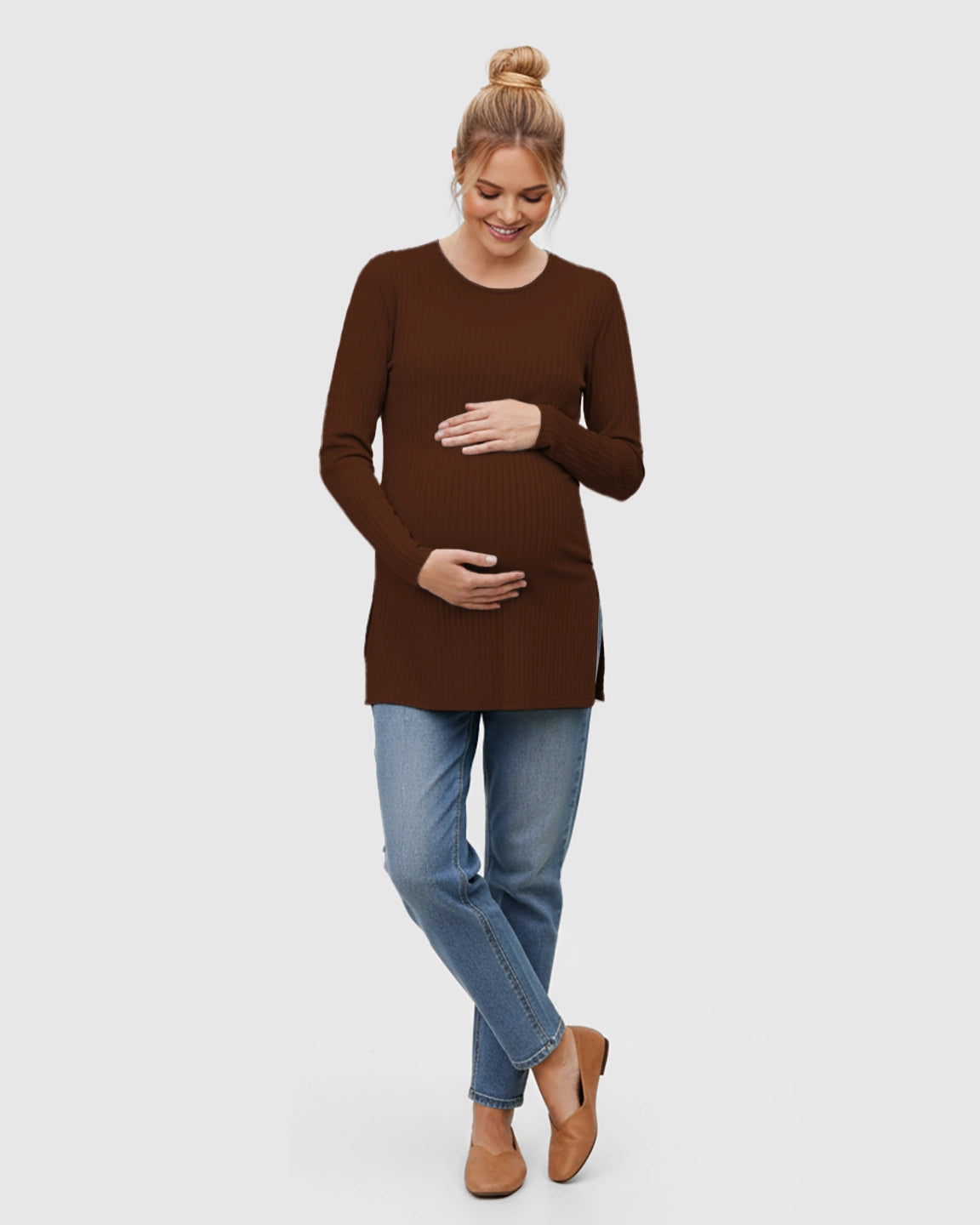 Ribbed Knit Long Sleeve Maternity Top with Side Slits