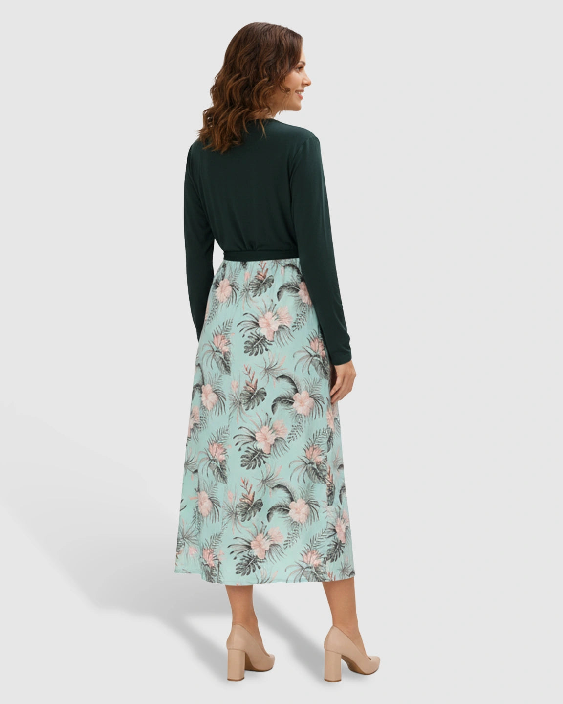 Long-Sleeve V-Neck Floral Maternity Midi Dress