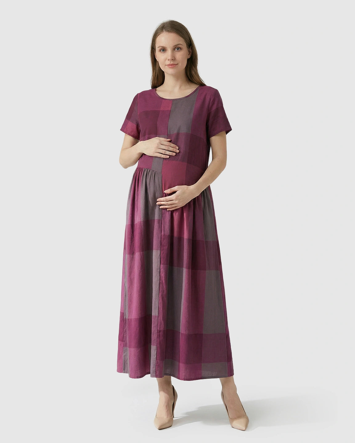 Plaid Color Block Loose Fit Maternity Maxi Dress