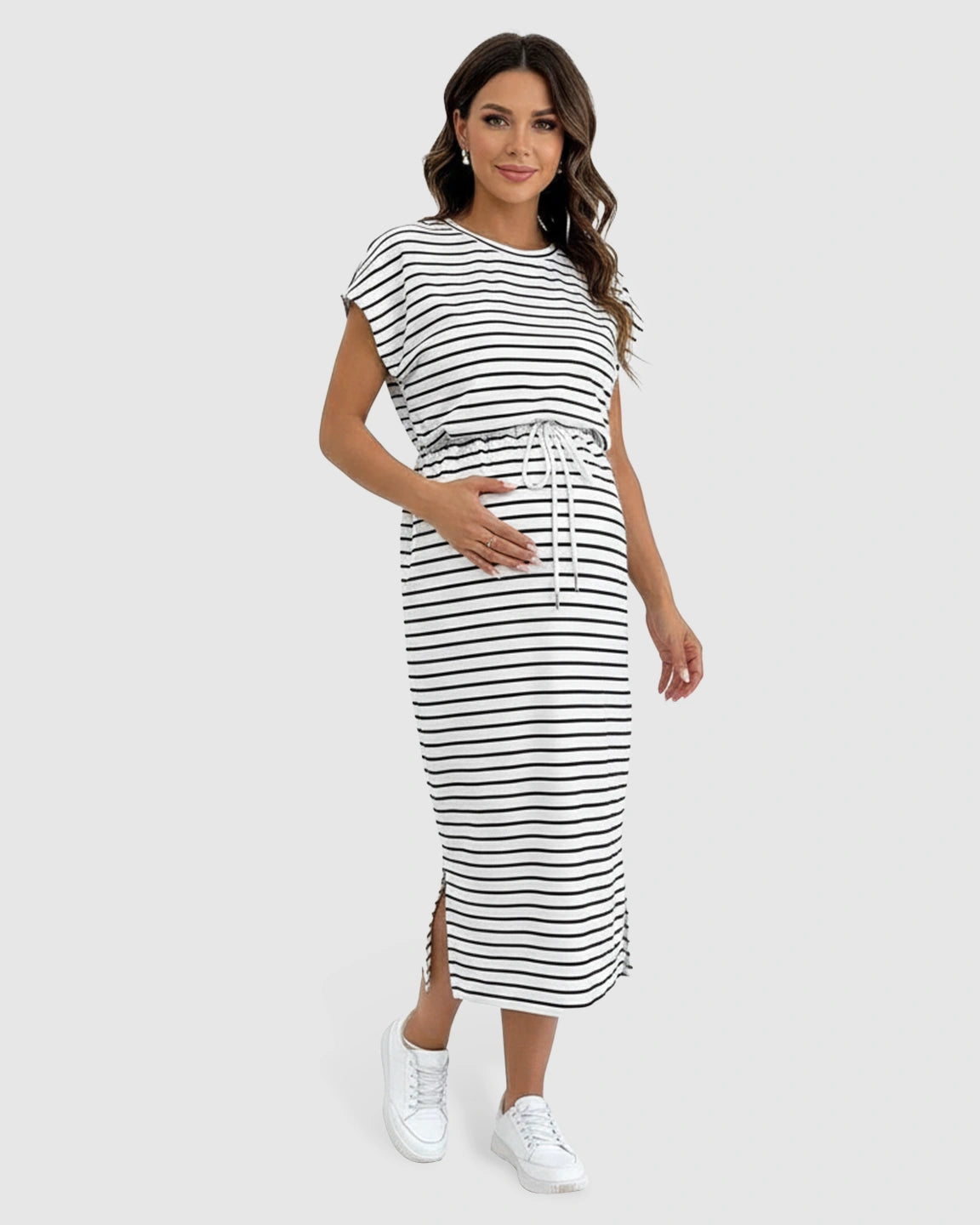 Striped Cap Sleeve Adjustable Maternity Midi Dress