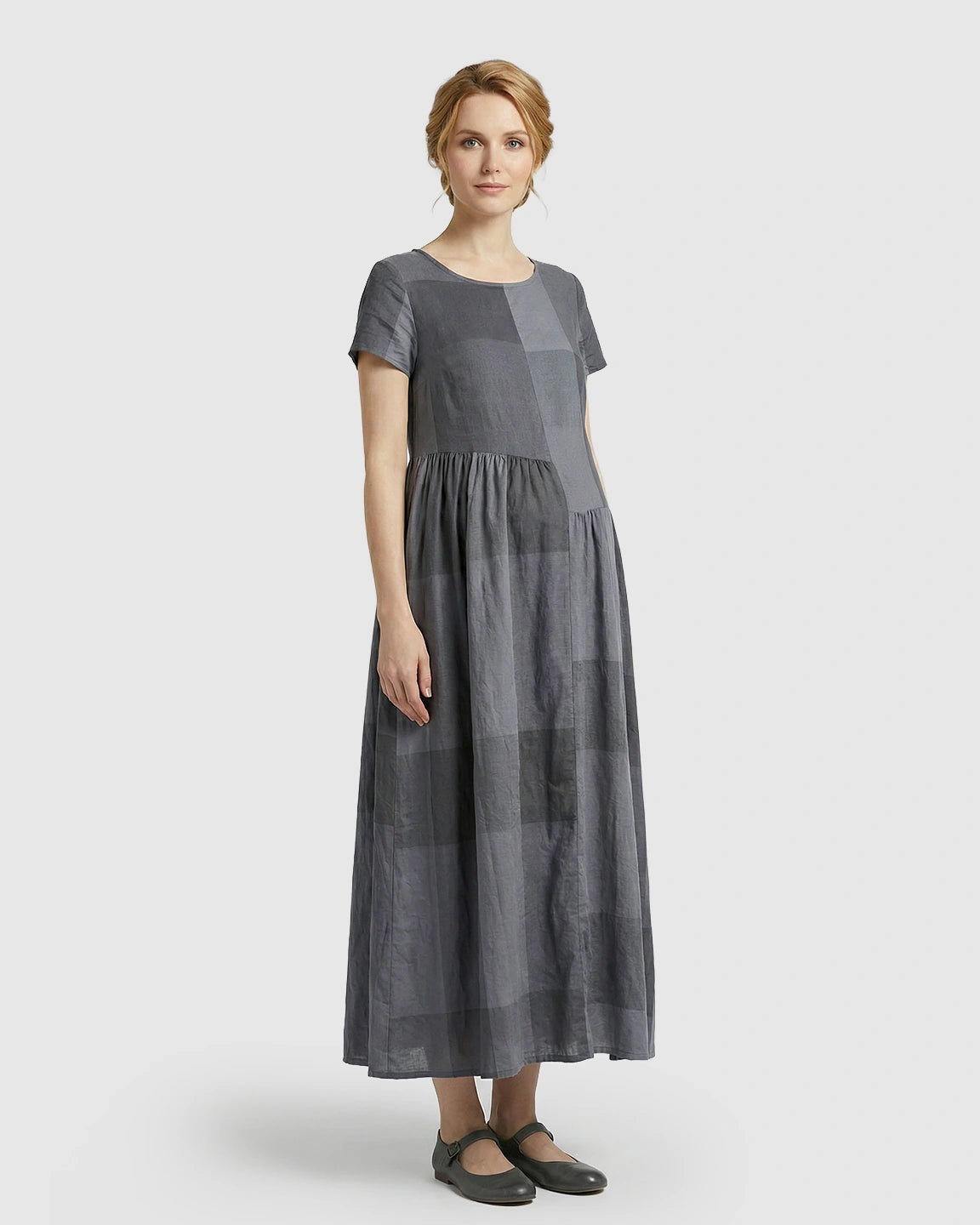 Plaid Short Sleeve Babydoll Maternity Maxi Dress