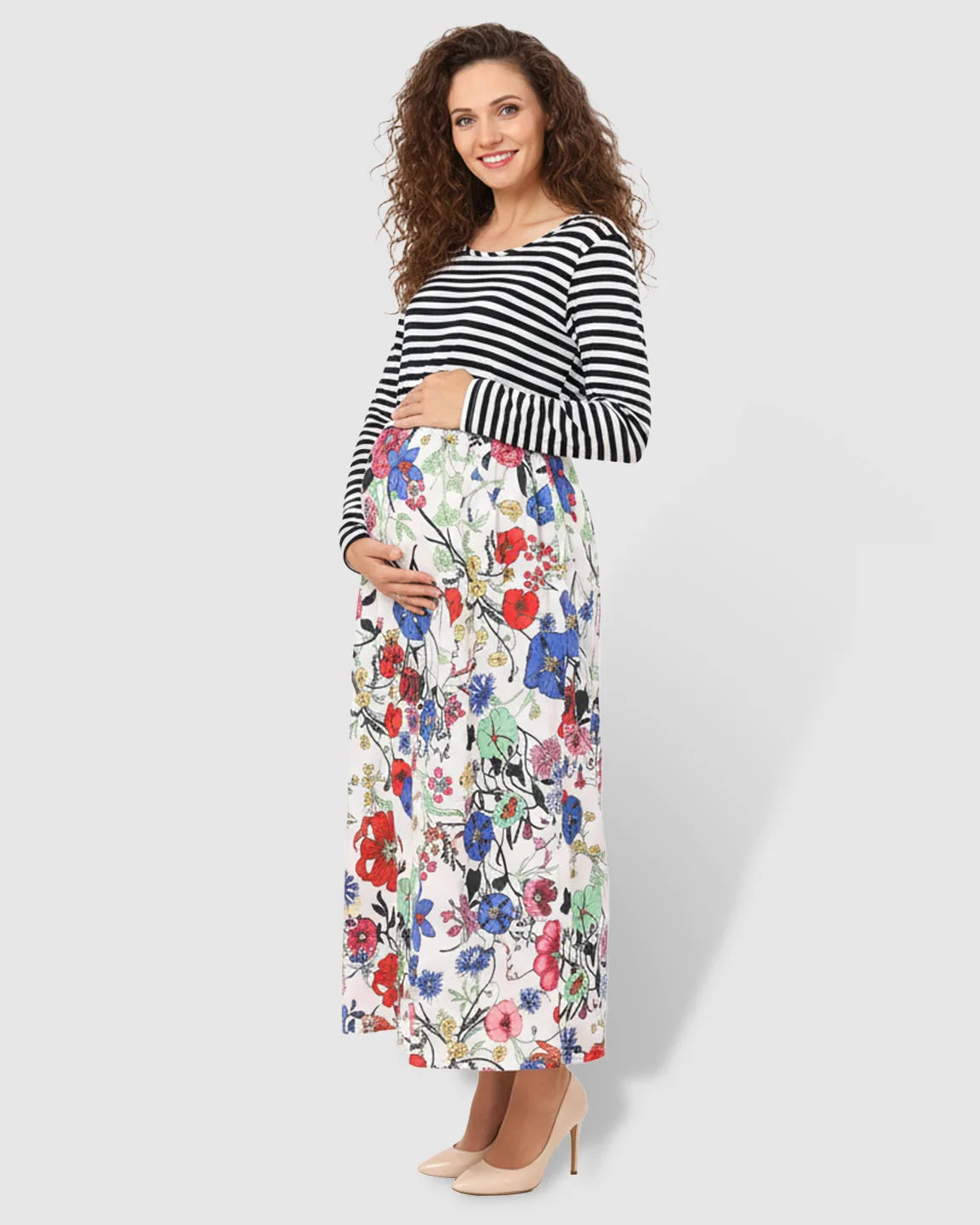 Striped Floral Nursing & Maternity Midi Dress