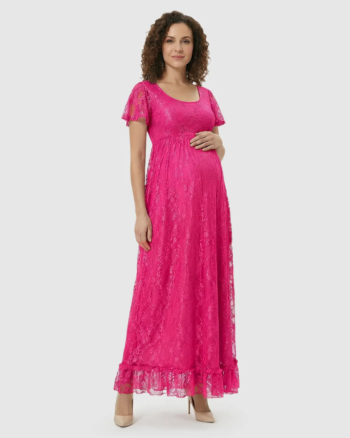 Ruffled Hem Floral Lace Maternity Photoshoot Dress