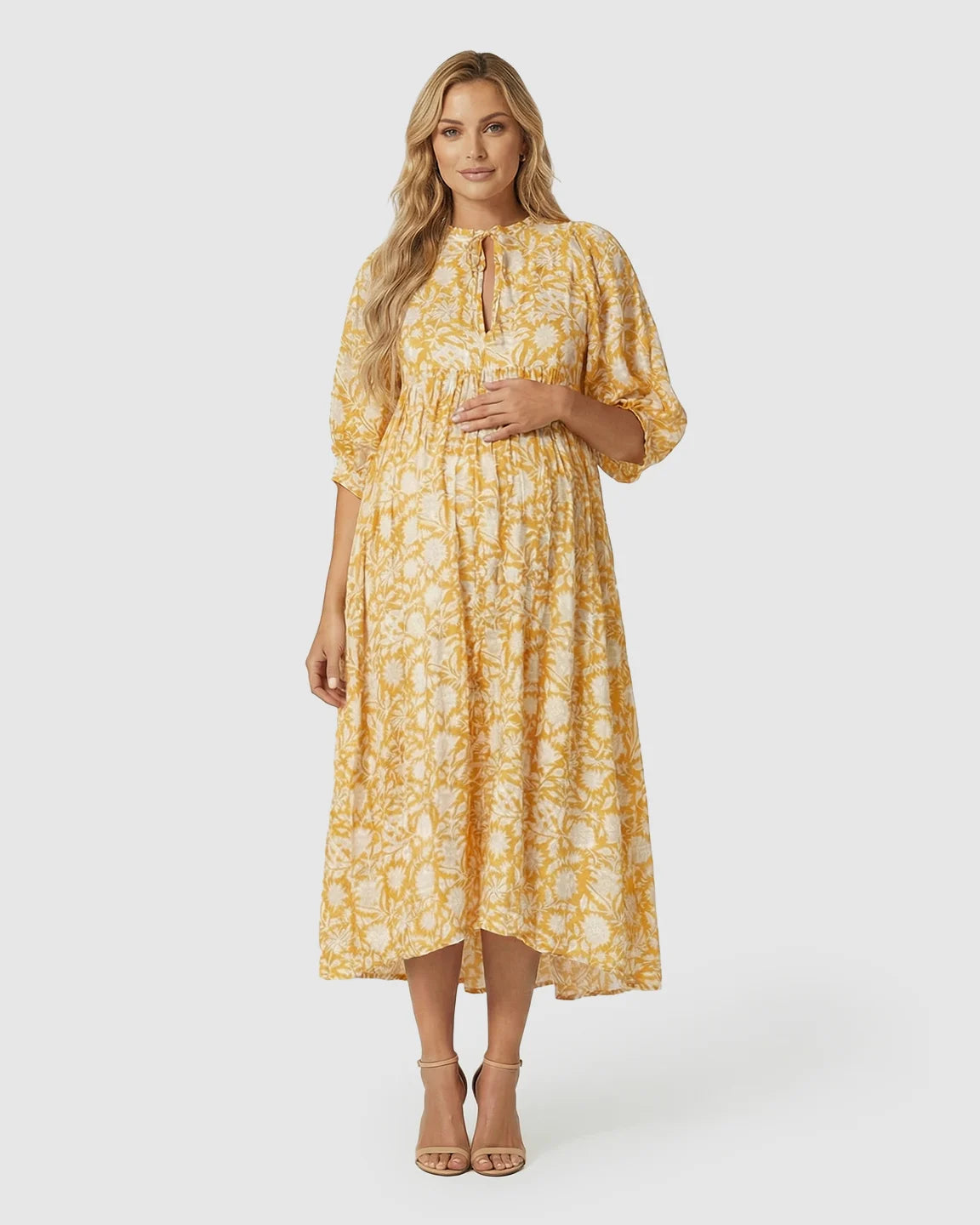 Gathered Waist Floral Print Maternity Midi Dress