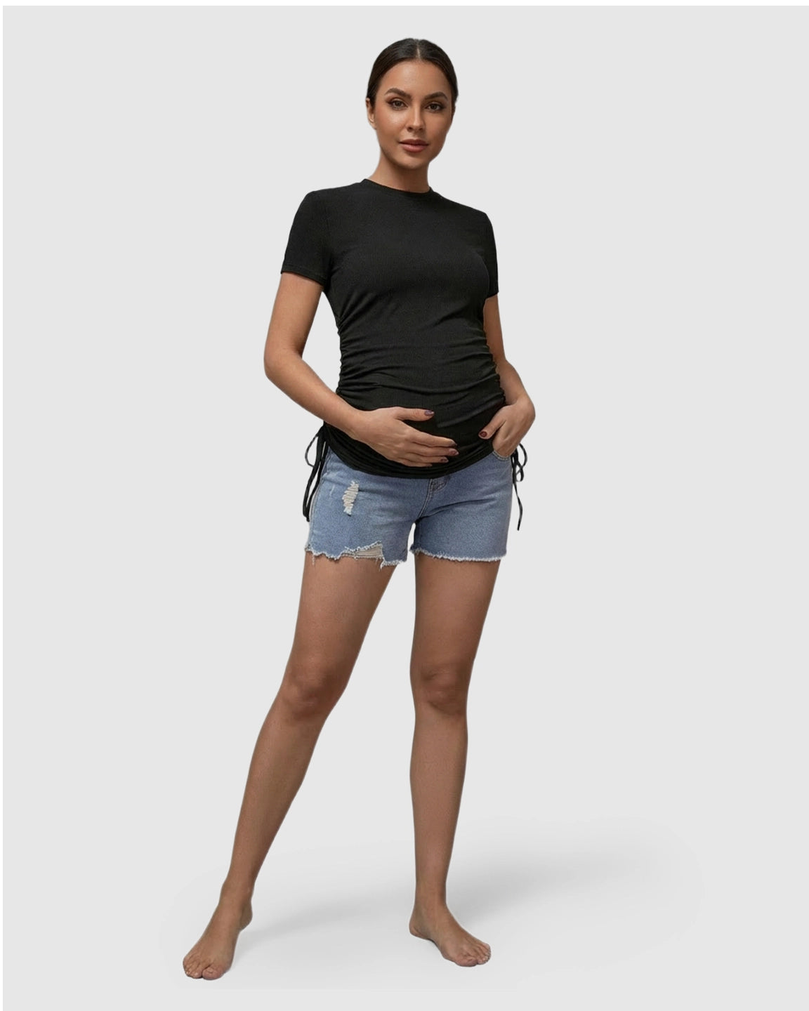 Ruched Waist Casual Maternity Top With Denim Shorts