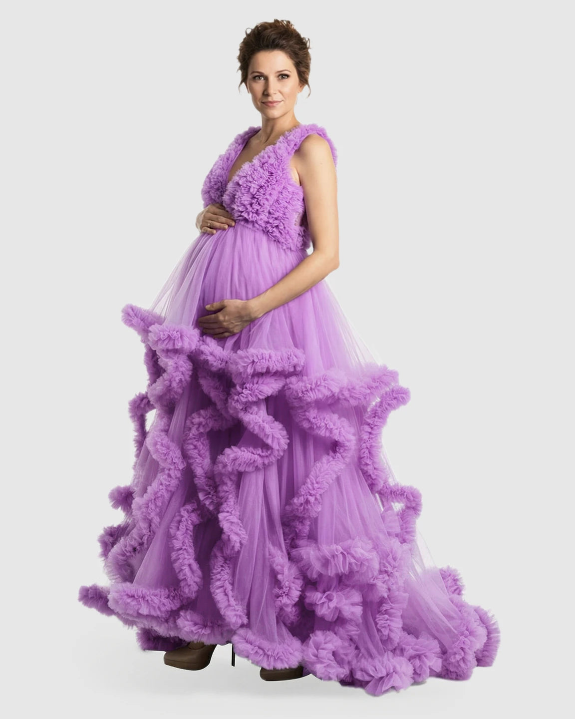 Ruffled Bodice Multi-Layer Mesh Pleats Maternity Gown
