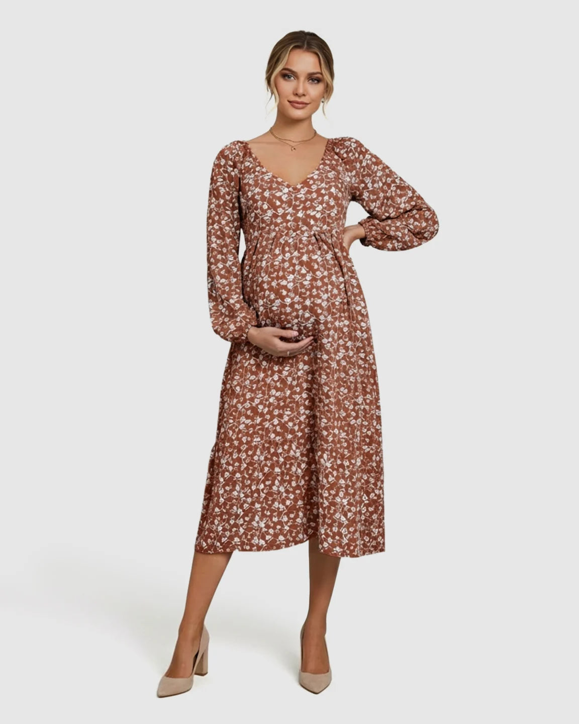 Floral Print Chiffon Flowing Maternity Midi Dress