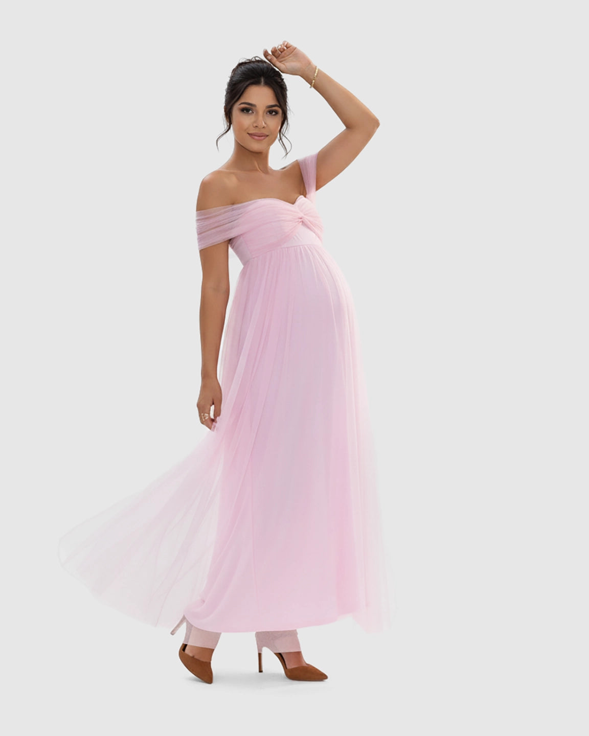 Ruched Off-Shoulder Front Slit Maternity Maxi Dress