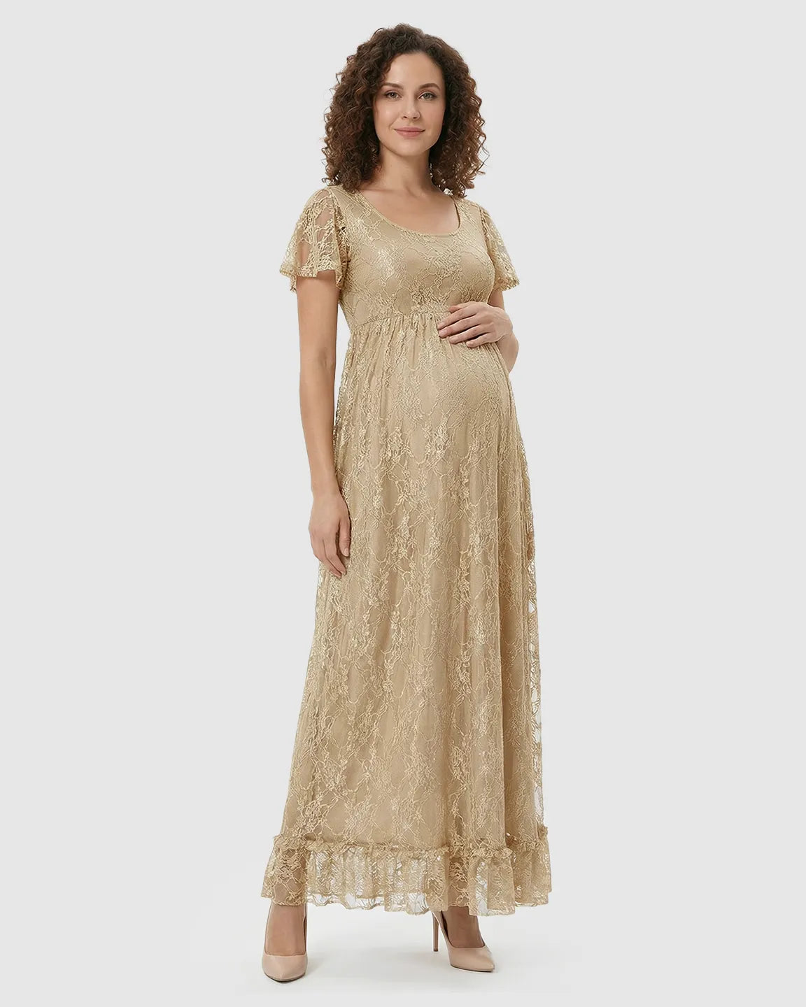 Ruffled Hem Floral Lace Maternity Photoshoot Dress