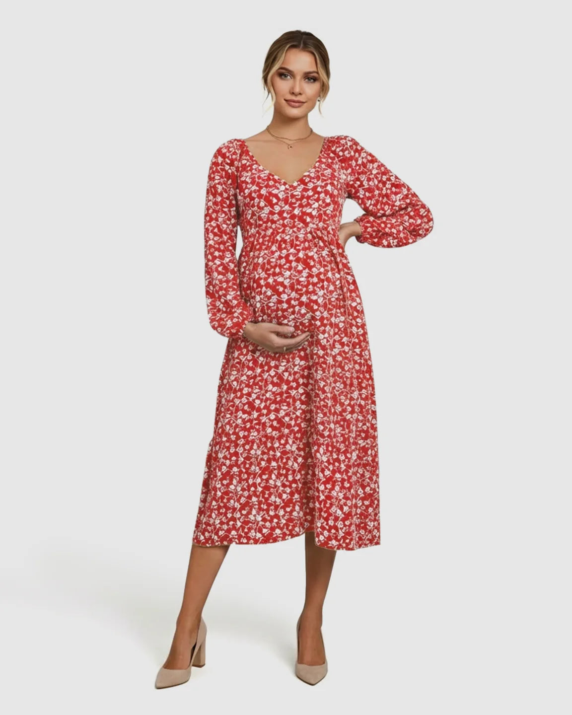 Deep V-Neck Floral Maternity Midi Dress