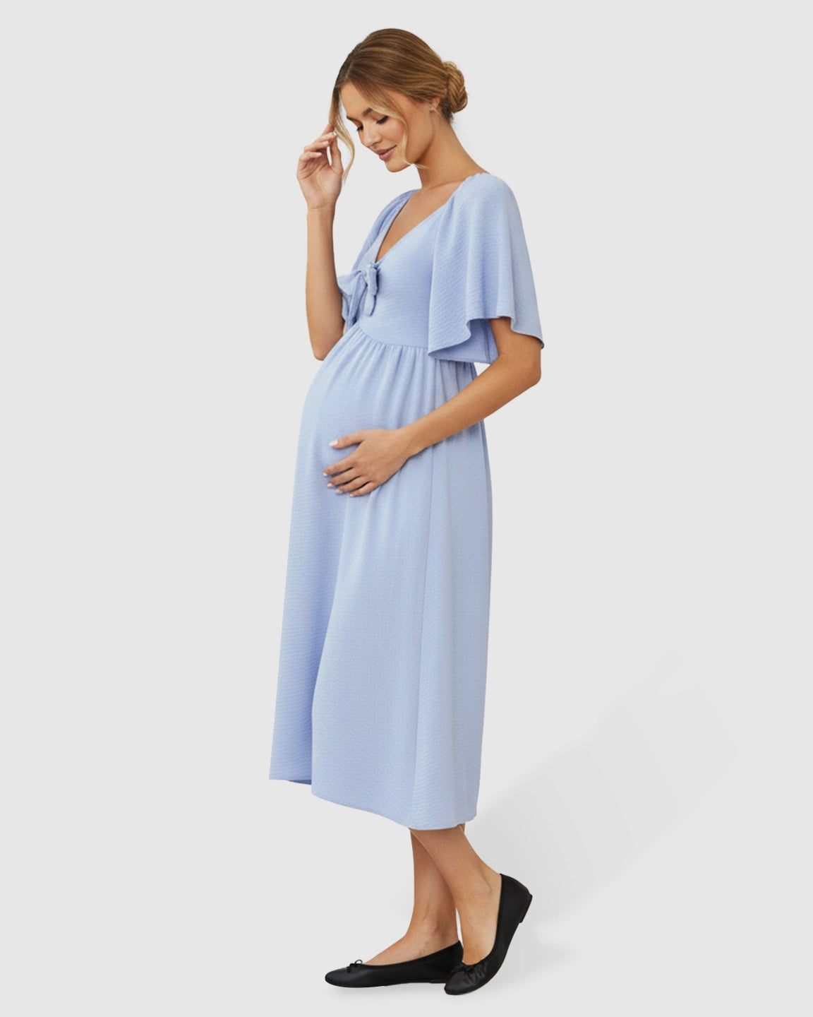 Tie-Knot Front Swing Silhouette Maternity Midi Dress