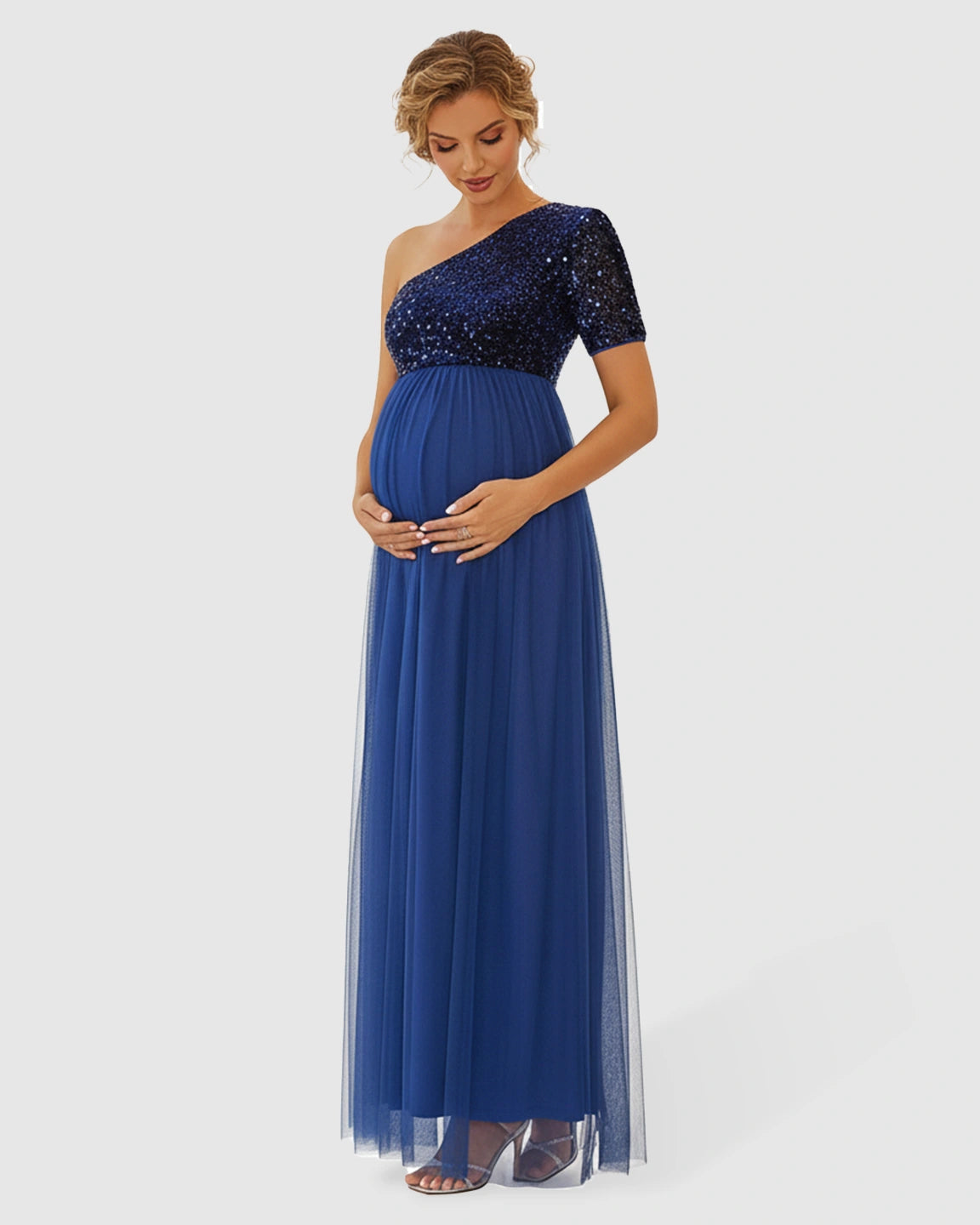 Sequin One-Shoulder Glamour Maternity Maxi Dress