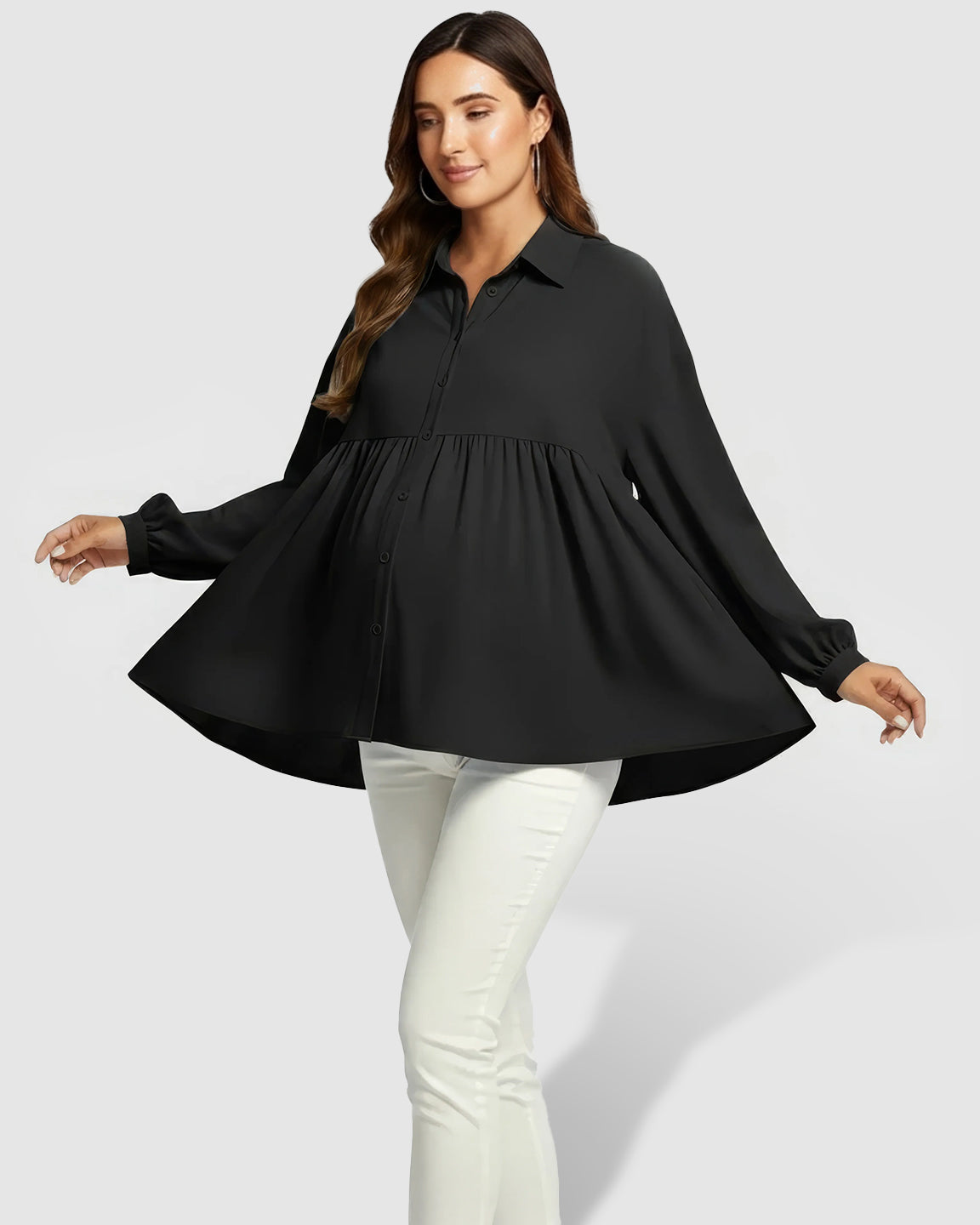 Lapel Long Sleeve Maternity Shirt