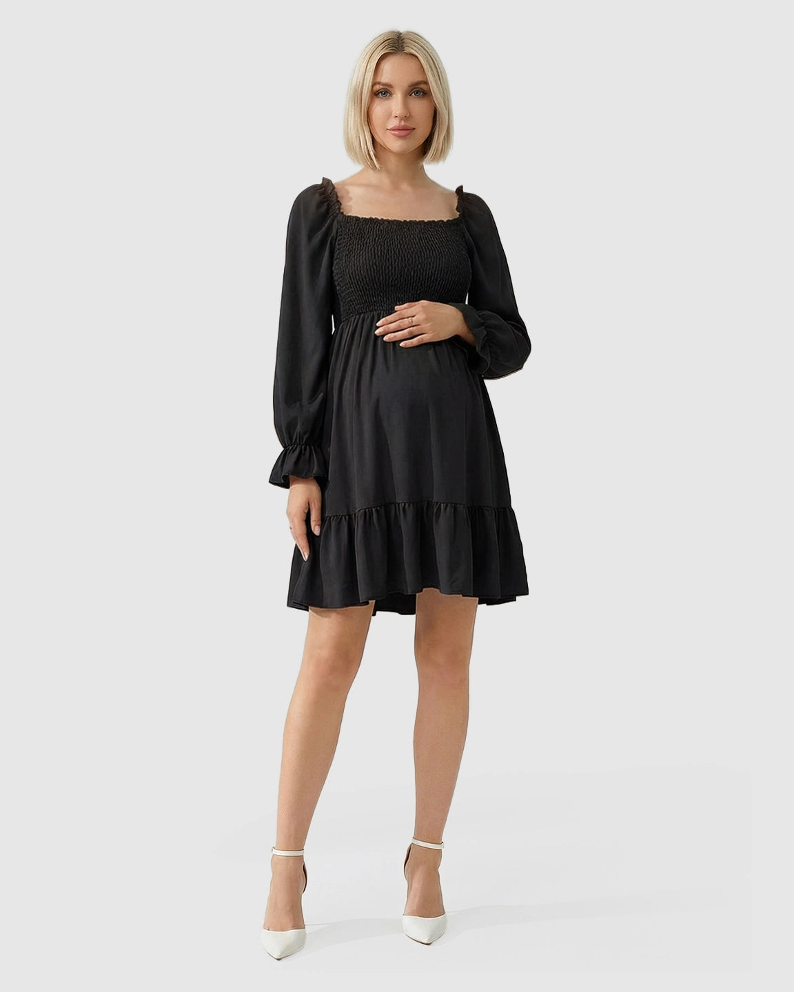 Flared Sleeve Smocked Babydoll Maternity Dress