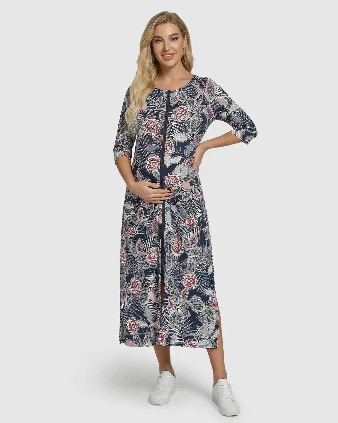 Full Front Zipper Floral Maternity Nursing Lounge Dress