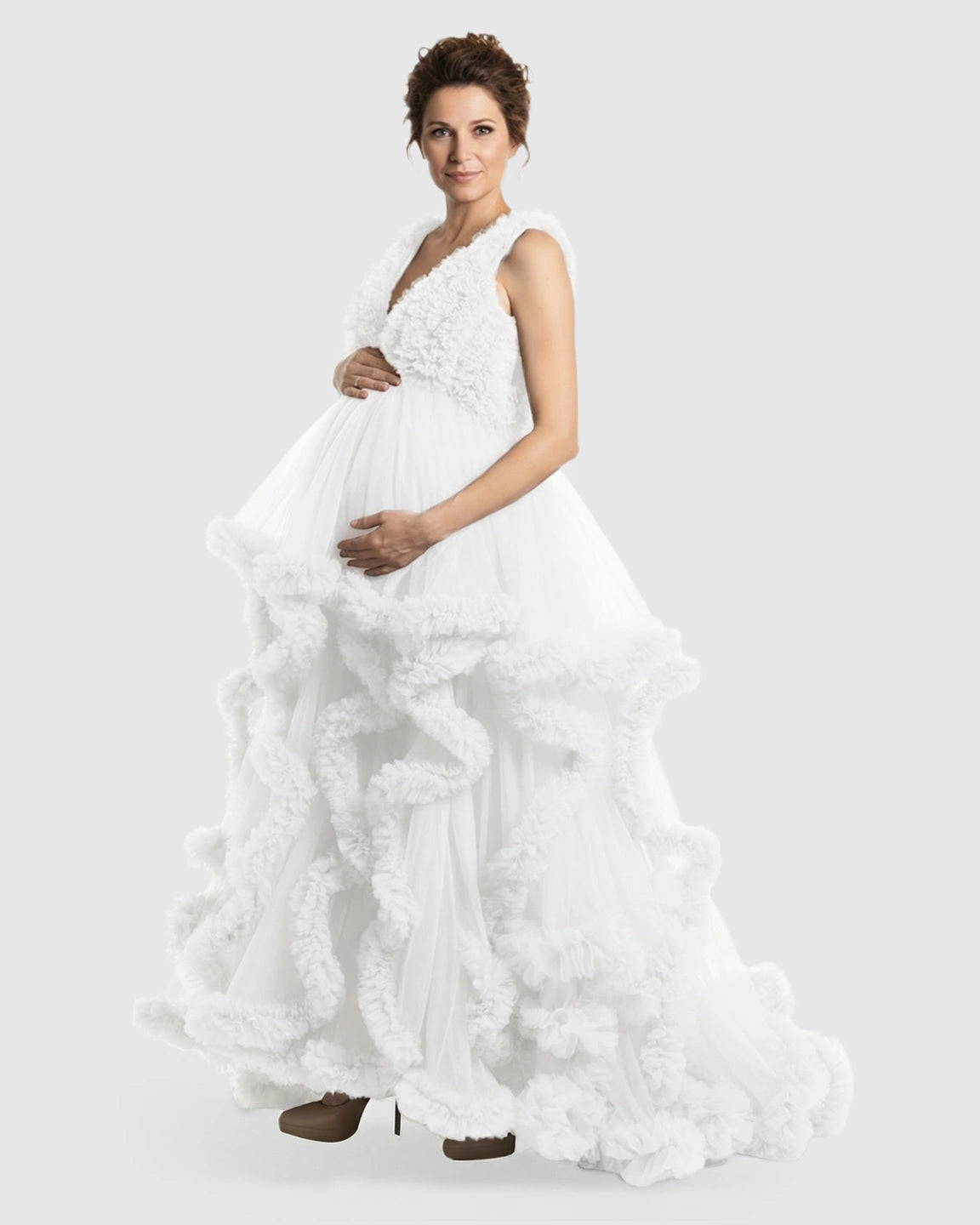 Ruffled Bodice Multi-Layer Mesh Pleats Maternity Gown
