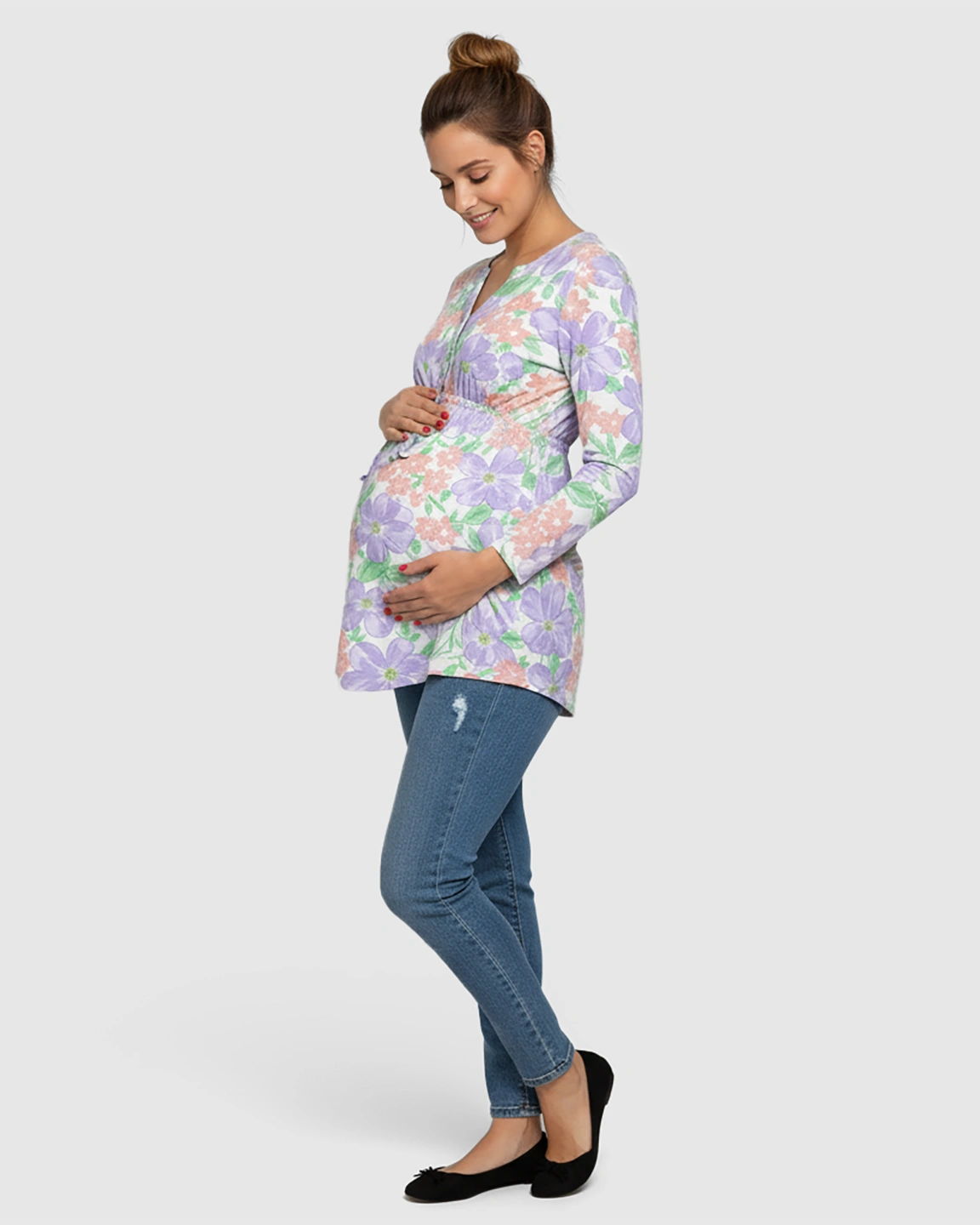 Bow Tie Detail Casual Floral Maternity Top