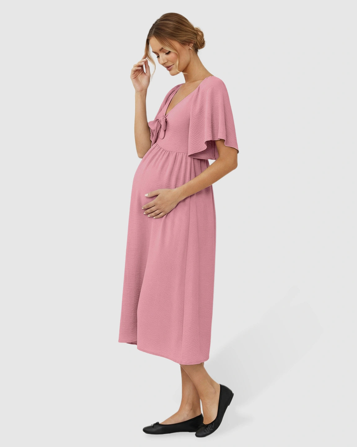 Tie-Knot Front Swing Silhouette Maternity Midi Dress