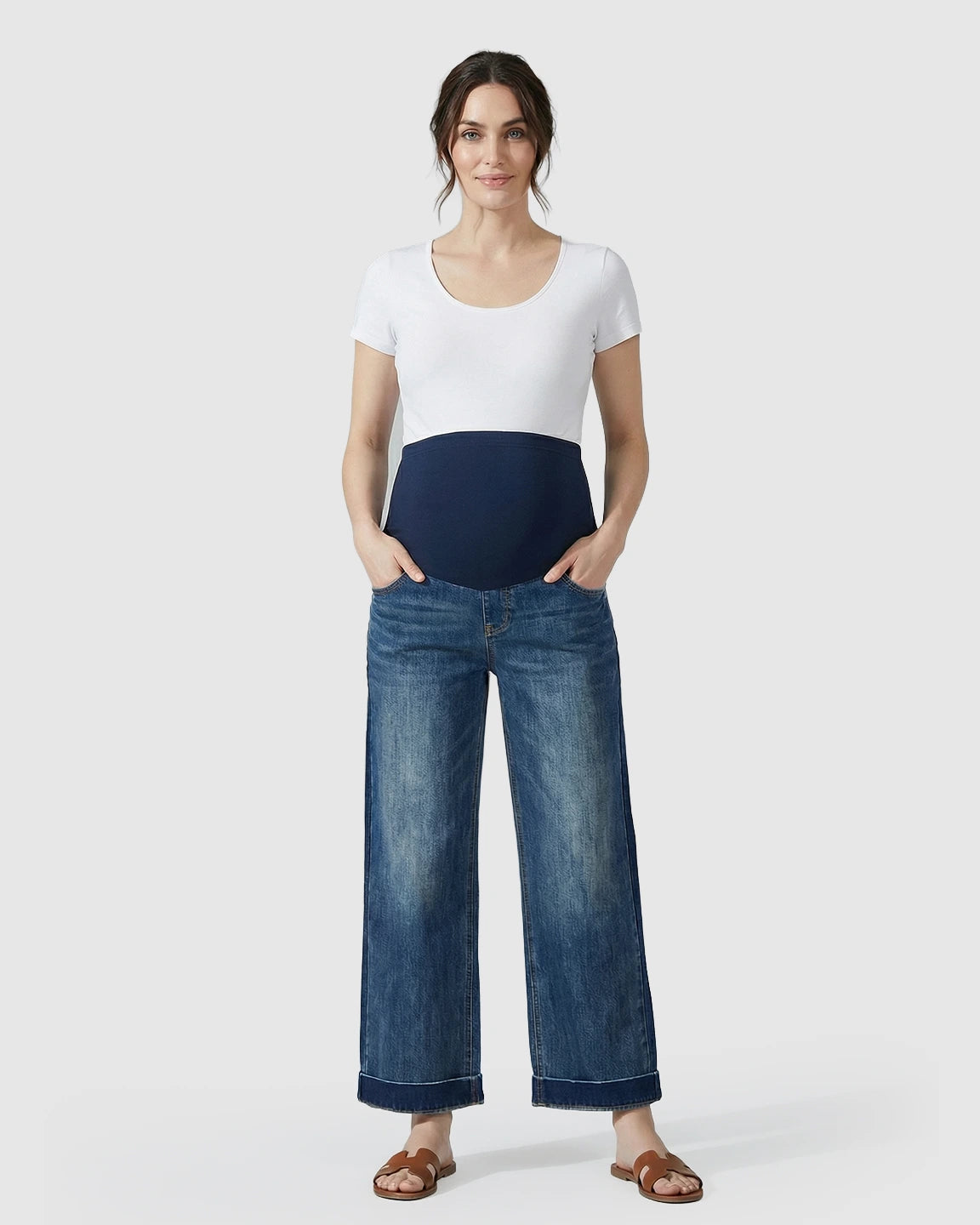 Folded Hem Wide Leg Maternity Jeans