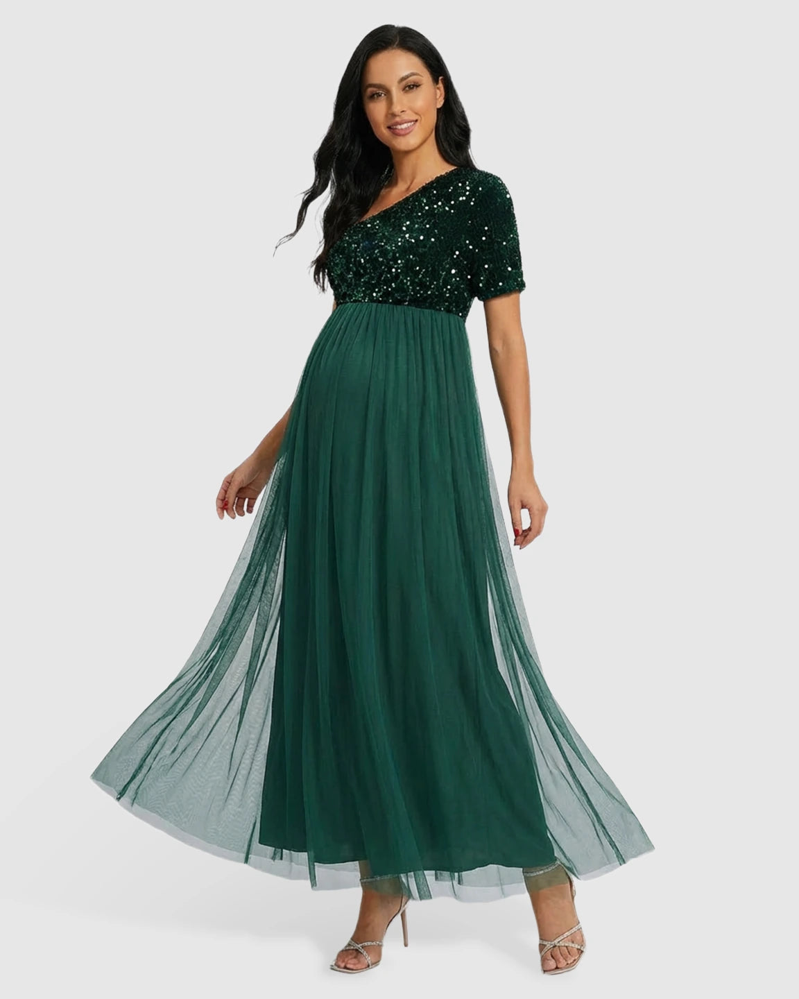 Sequin One-Shoulder Dreamy Maternity Maxi Dress