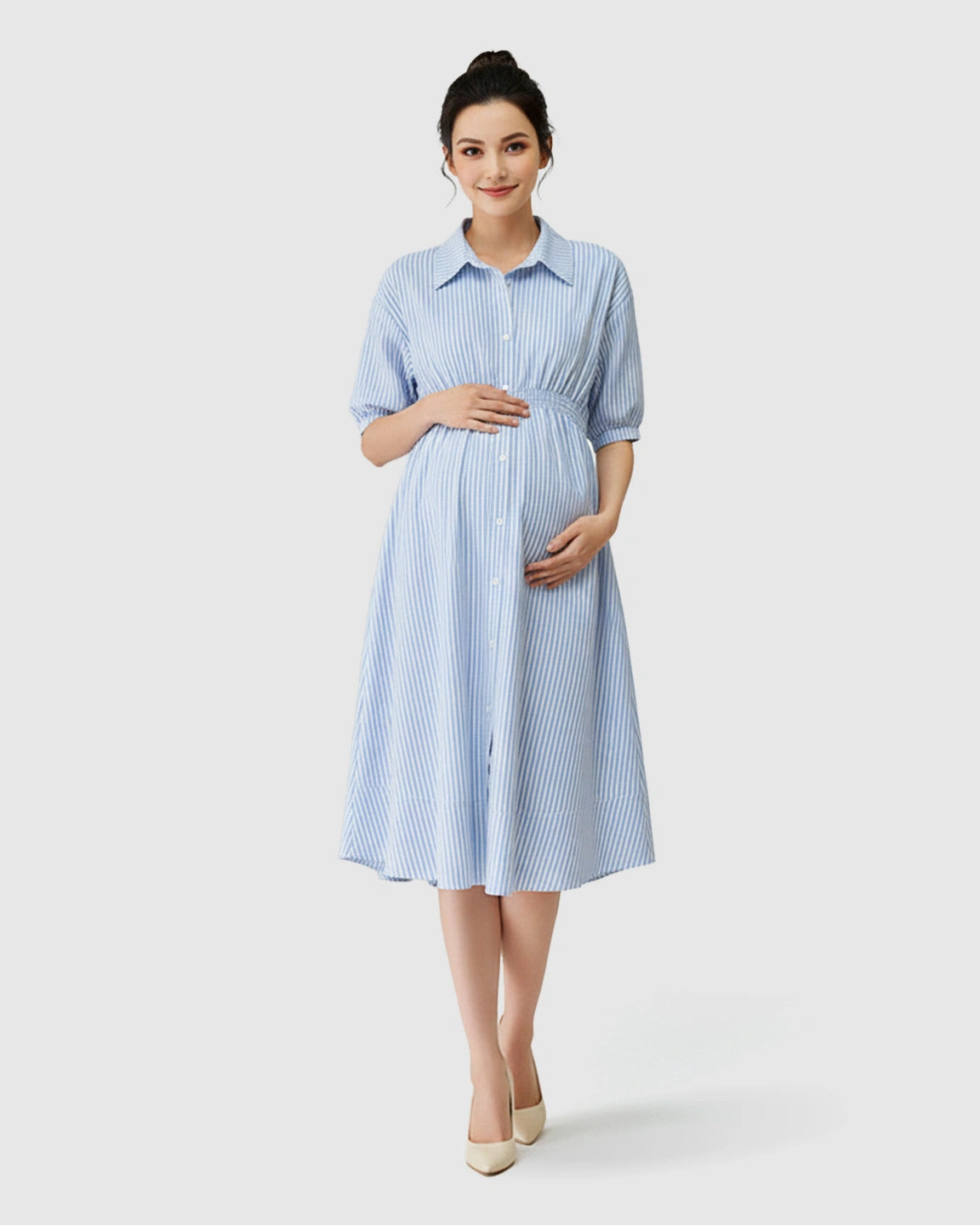 Gathered Waist Striped Shirt Maternity Dress
