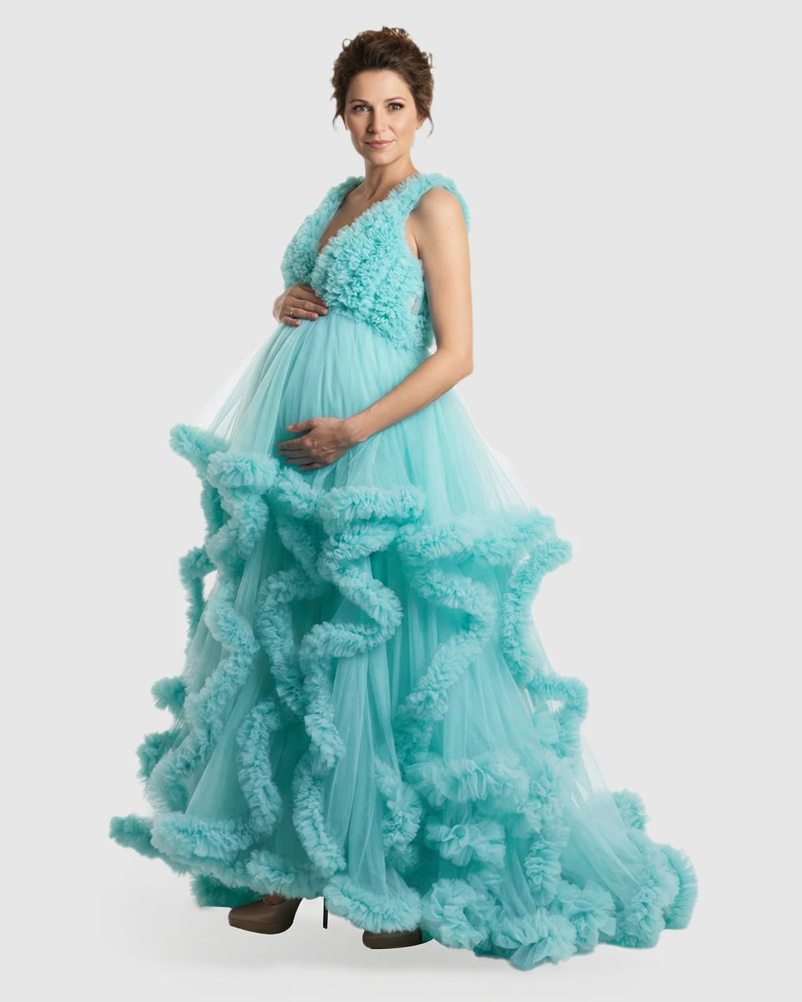 Ruffled Bodice Multi-Layer Mesh Pleats Maternity Gown