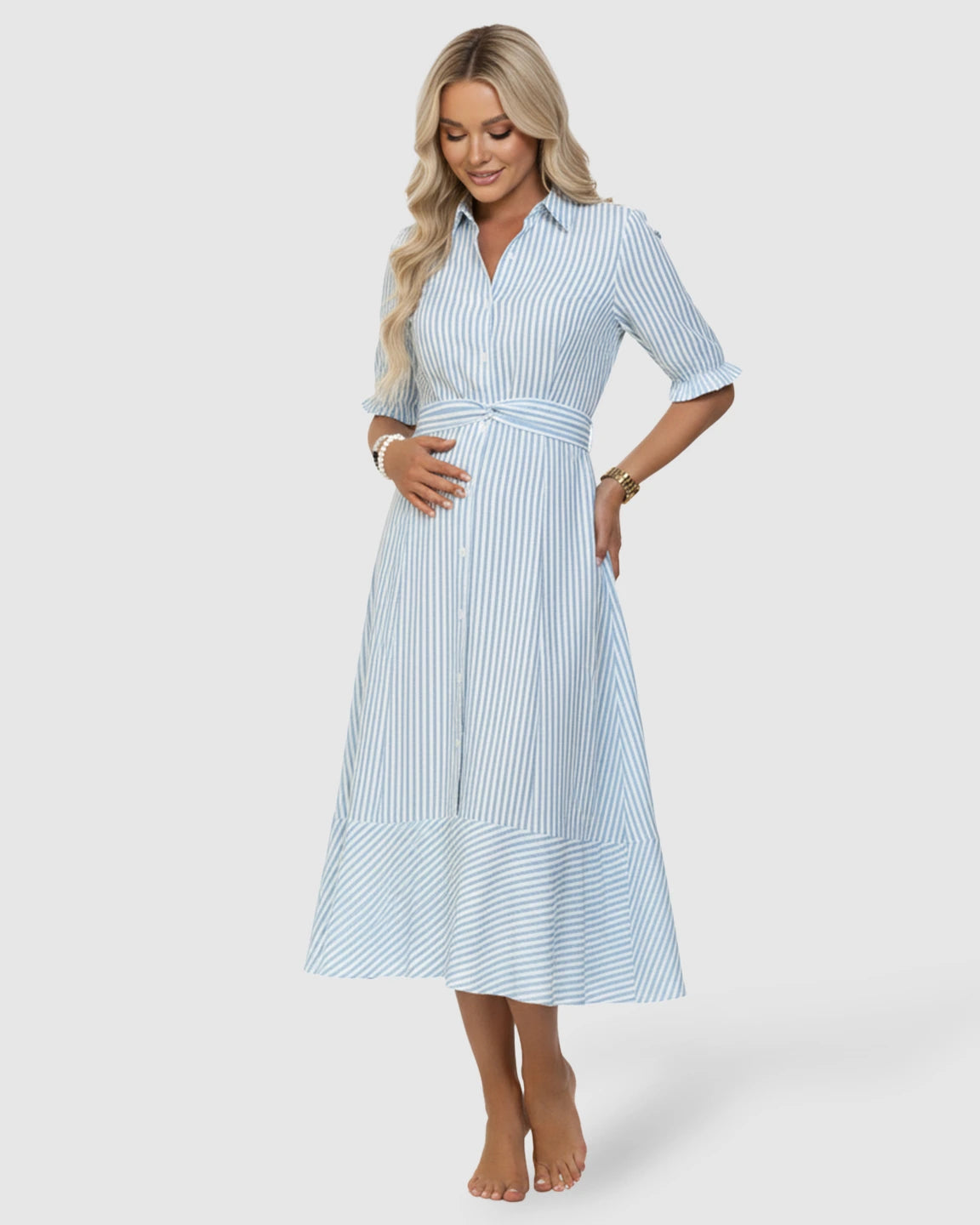 Lapel Puff-Sleeve A-line Maternity Dress